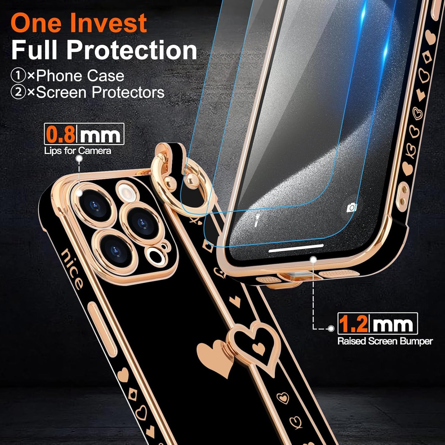 Compatible with iPhone 15 Pro Max Case with Strap for Women Girls [2× Screen Protectors], Cute Love-Hearts, Wristband Kickstand Luxury Plating Edge Protective Phone Case (6.7") - Black - Image 5
