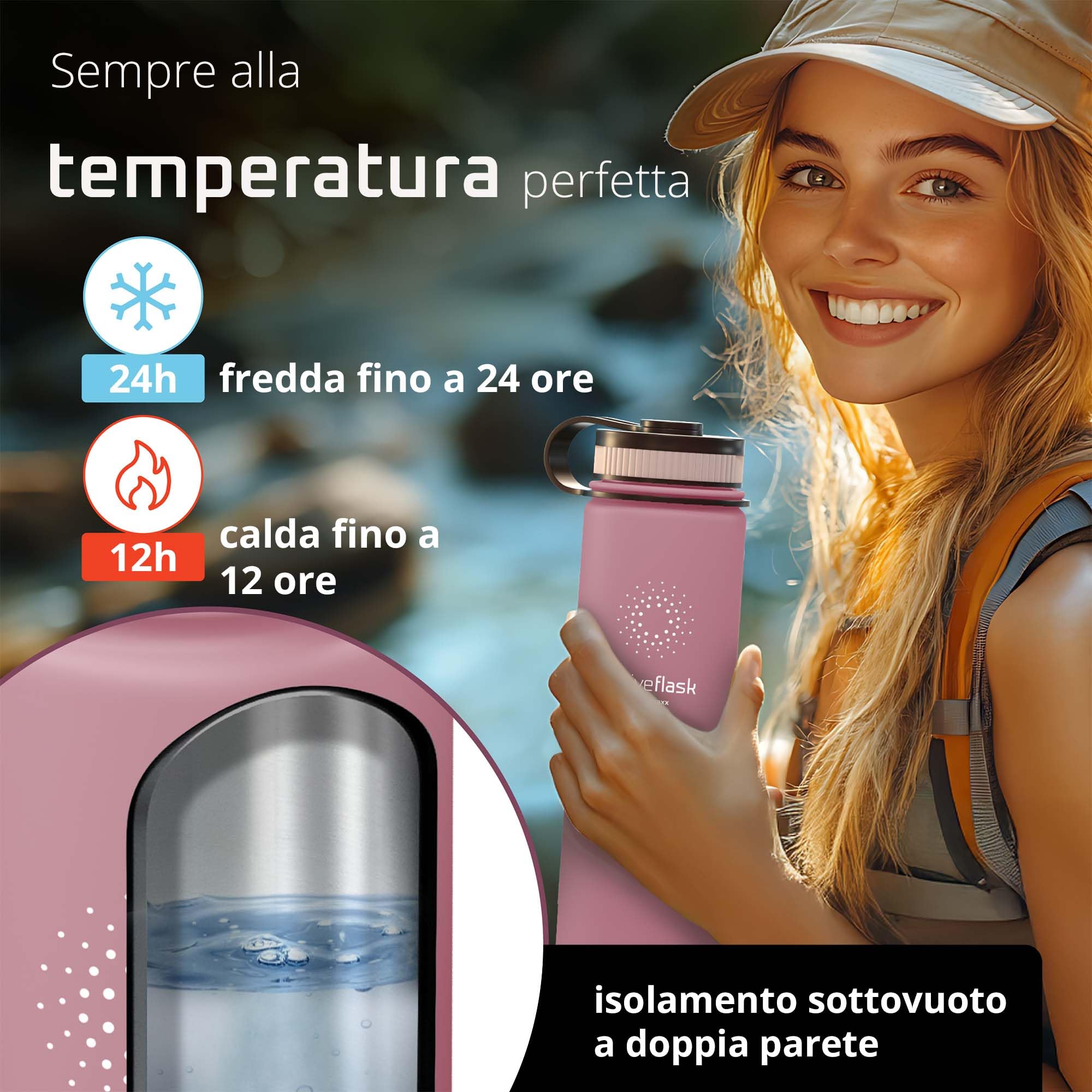 Bottiglia Acqua Termica INOX ACTIVE FLASK + Cannuccia (3 Tappi), Senza BPA, 1l/500ml | Borraccia Isotermica Acciaio - Caldo/Freddo, Ufficio Outdoor Sport Bicicletta viaggio fitness, Caffe Te