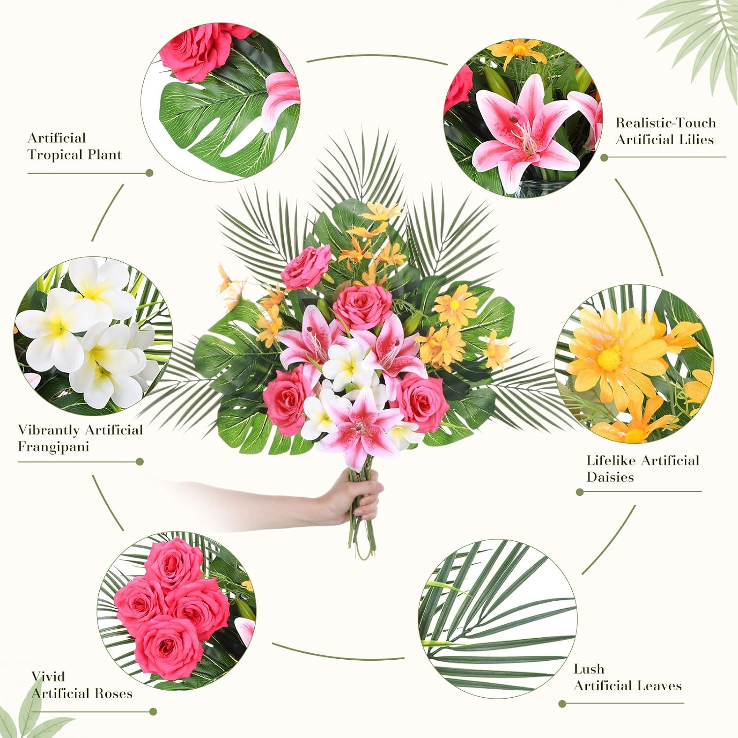 Yinder 21 Pcs Artificial Tropical Bouquet Artificial Lilies, Frangipani, Roses, Daisies, Monstera, Areca Palm Leaves, Faux Tropical Flowers Centerpiece for for Tables Vase Hawaiian Party Home Wedding