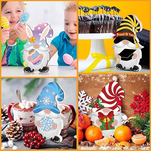 Miniatura 7 de Blulu 31 piezas intercambiables de gnomo de madera para decoración de bandejas escalonadas de temporada con piezas magnéticas, letrero de bienvenida