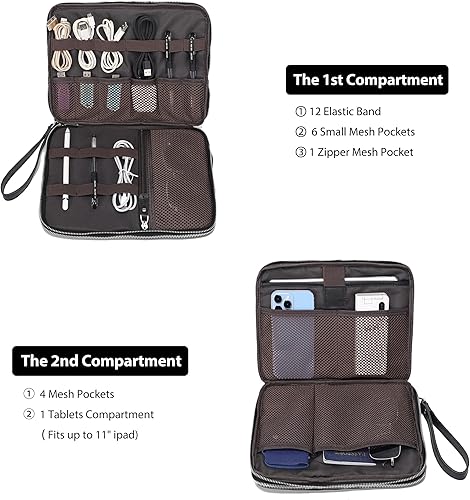 Miniatura 4 de LANNSYNE Bolsa de accesorios de cable de viaje de cuero de grano completo, organizador electrónico, estuche de almacenamiento de doble capa para