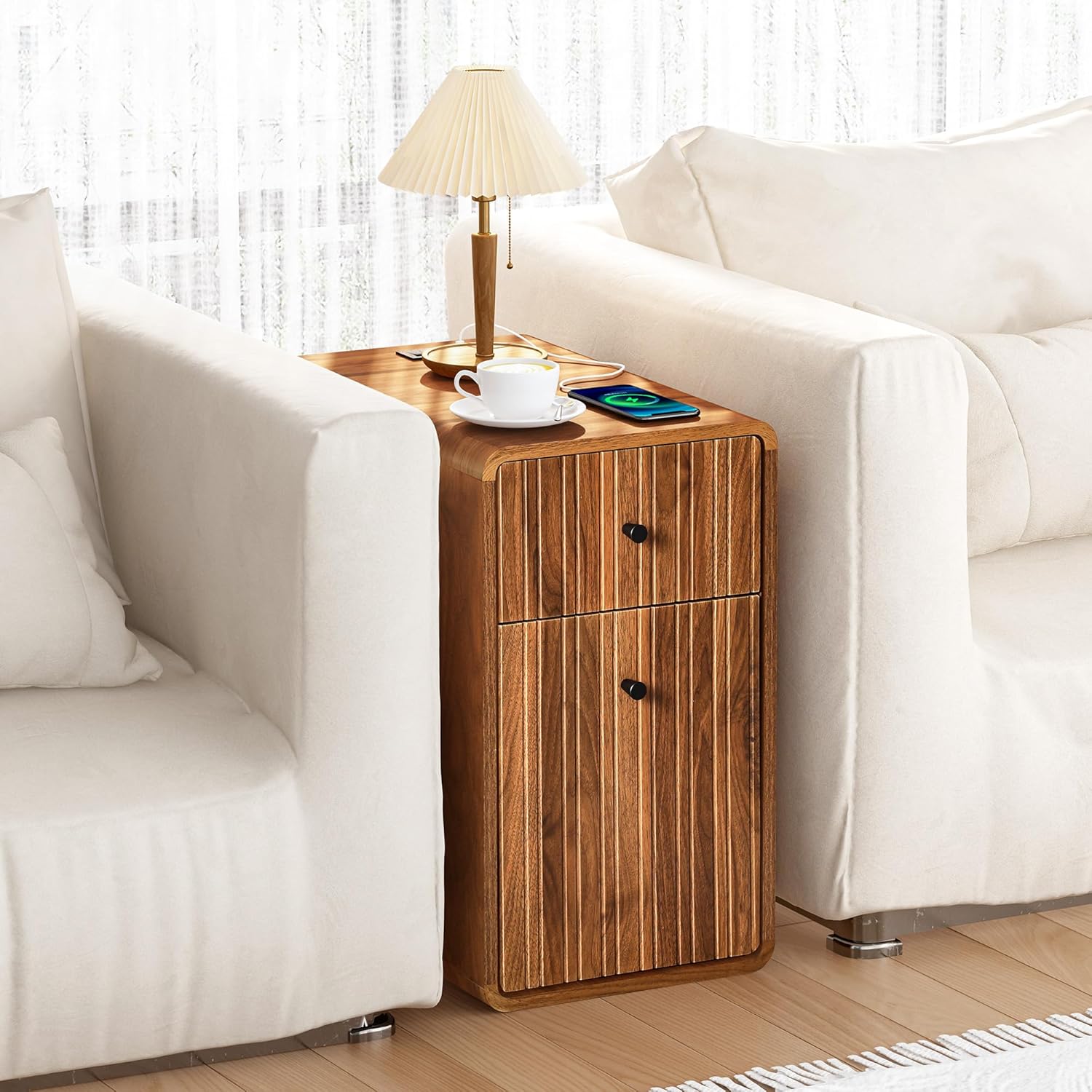 BERRYMERRY Narrow End Table with Charging Station,Sofa Side Table with Drawer and Door for Living Room,Modern Small Nightstand for Bedroom Home Office (Brown 1SET)