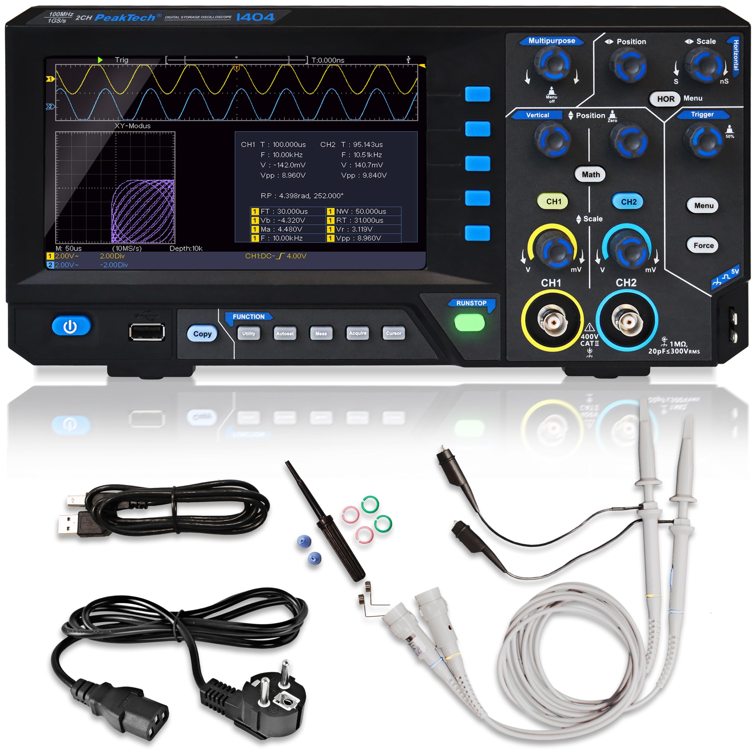 PeakTech P 1404 - Digital Oszilloskop 2 Kanal [3 Jahre Garantie] 100 MHz, 1GS/s, USB Schnittstelle, PC Software, P 1404 Oscilloscope, Schwarz, USB Oszilloskop, Oszilloskop Multimeter