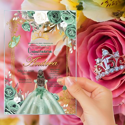 Miniatura 4 de Avior Invitación de quinceañera Vestido verde salvia Invitación de cristal transparente, Mis Membres, Dulce 15, Dulce 16, Diseño floral de membrillo