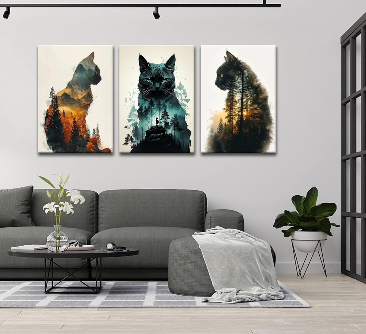 Funny Animals Canvas Wall Art Cute Black Cat and Forest Theme Pictures Wall Decor Abstract Sunset Mountains Nature Landscape Poster Painting Prints Artwork for Living Room Bedroom Bathroom Home Decor