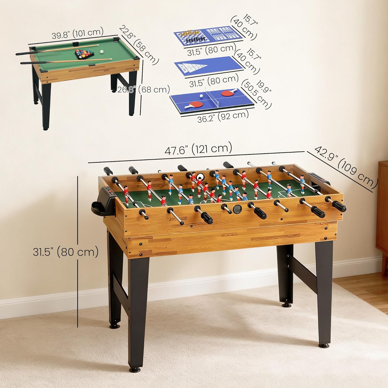 Diagram showing the dimensions of the Soozier multi game table and various game tops