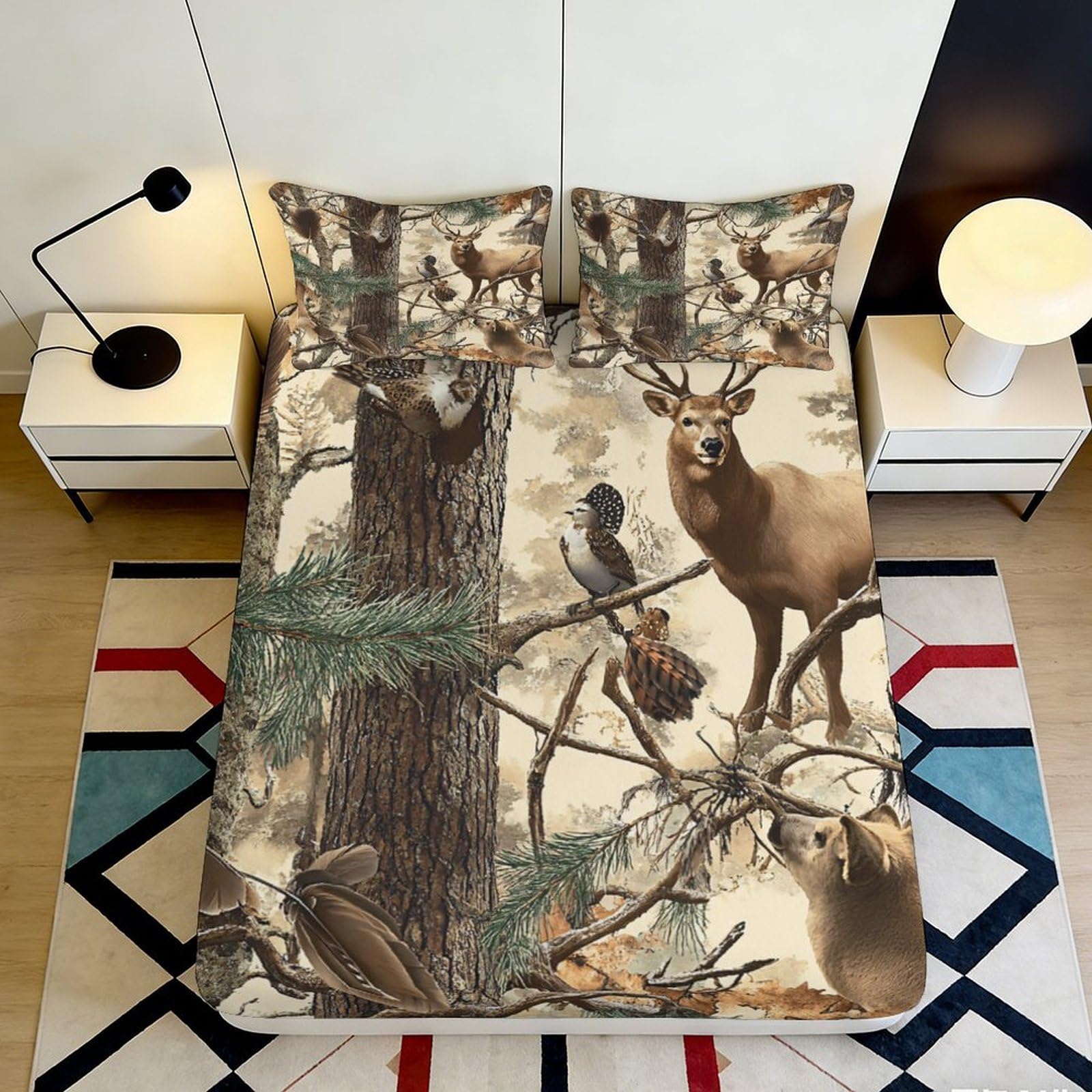 3D Printed Forest Deer Fitted Sheet Microfiber Durable Soft 3D Printed Woodland Animals Mattress Cover for Bedroom Dormitory Guest Room Bed Protection 200x200x25cm