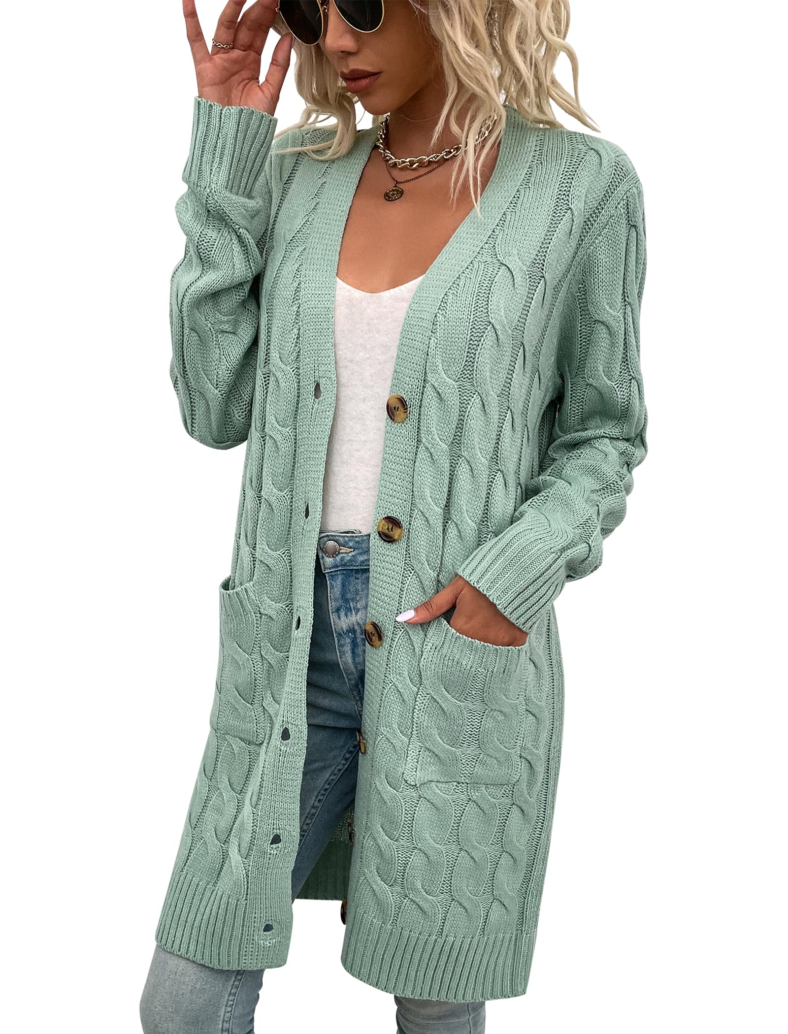 Womens Cardigan Long Sleeve Cable Knit Sweater Open Front Loose Outwear with Pocket