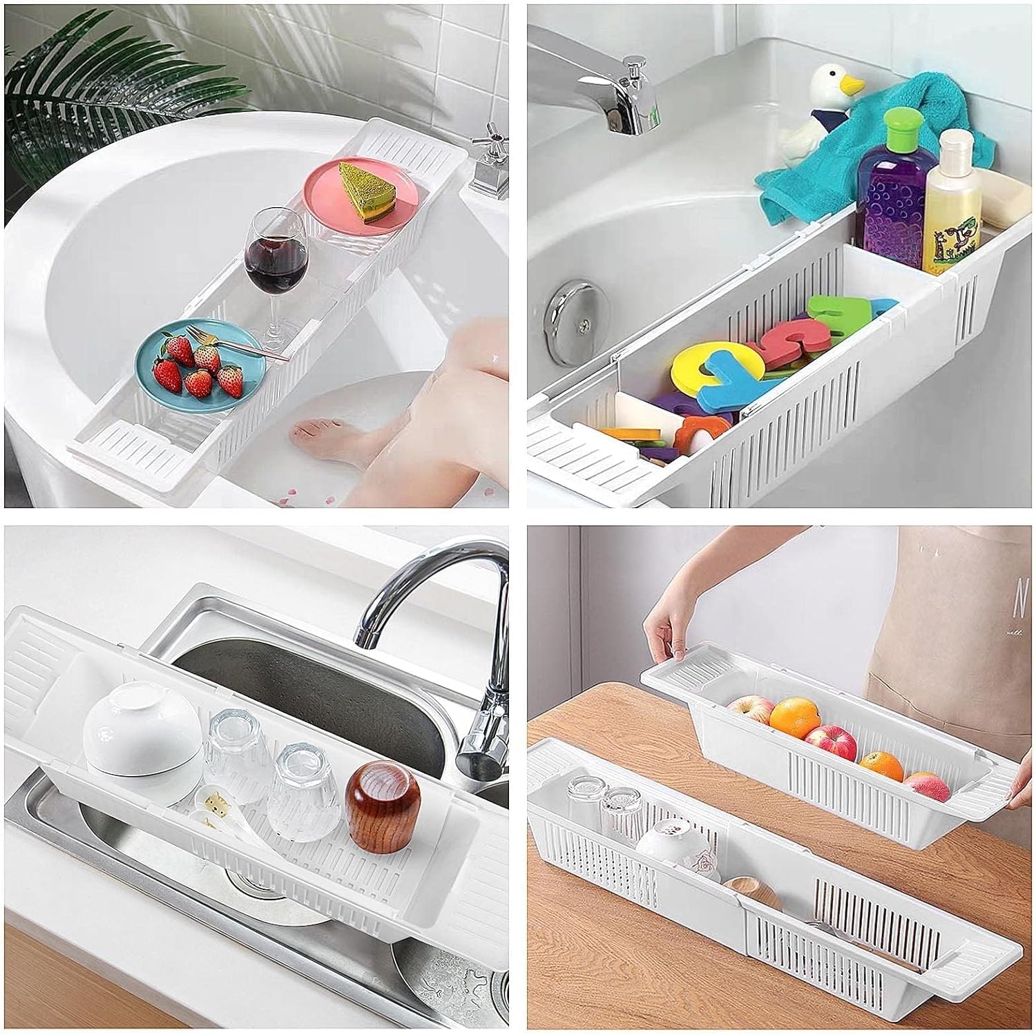 Plateau De Baignoire, Support De Rangement Rétractable, Panier De Rangement pour Organisateur de Jouets de Bain, Plateau de Bain étagère de Rangement, pour Shampoing, Gel Douche, Vêtements, Serviet