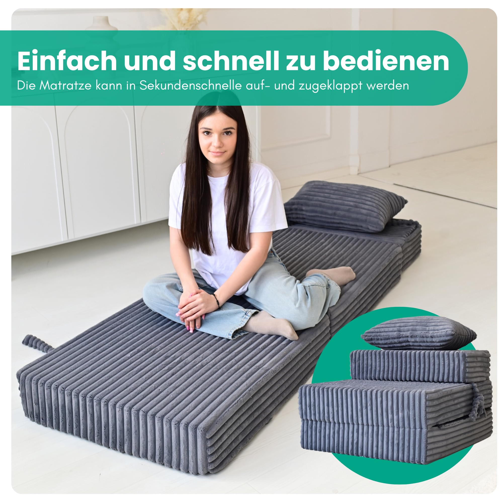 Odolplusz Składany materac premium 70 x 205 x 15 cm, 3-częściowy z wyjmowanym pokrowcem, bardzo gruba pianka 15 cm, dla gości i w podróż (grafitowy)