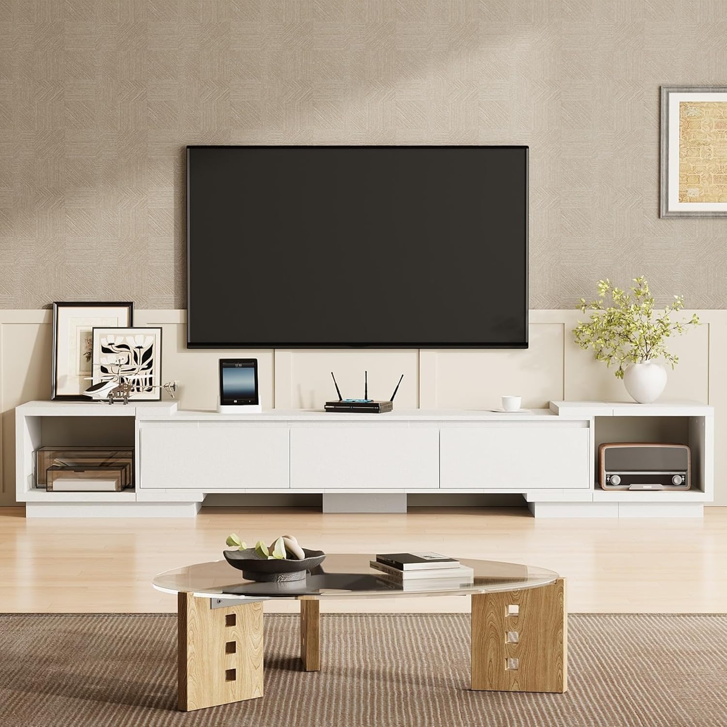 Extendable TV Stand with 3 Drawers, Modern TV Console with Hidden Handles, Contemporary Media Console Table with Open Shelves, White 65.4”-106.3”W x 15.7”D x 15.4”H