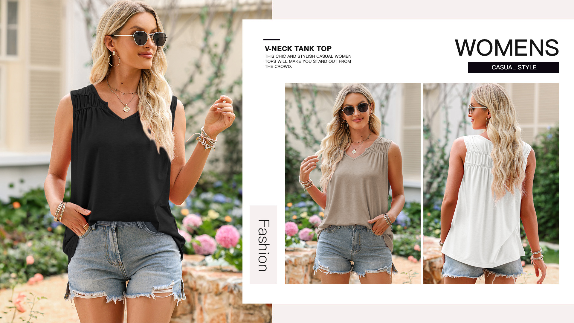 EVALESS Womens V Neck Flowy Smocked Casual Summer Tank Tops