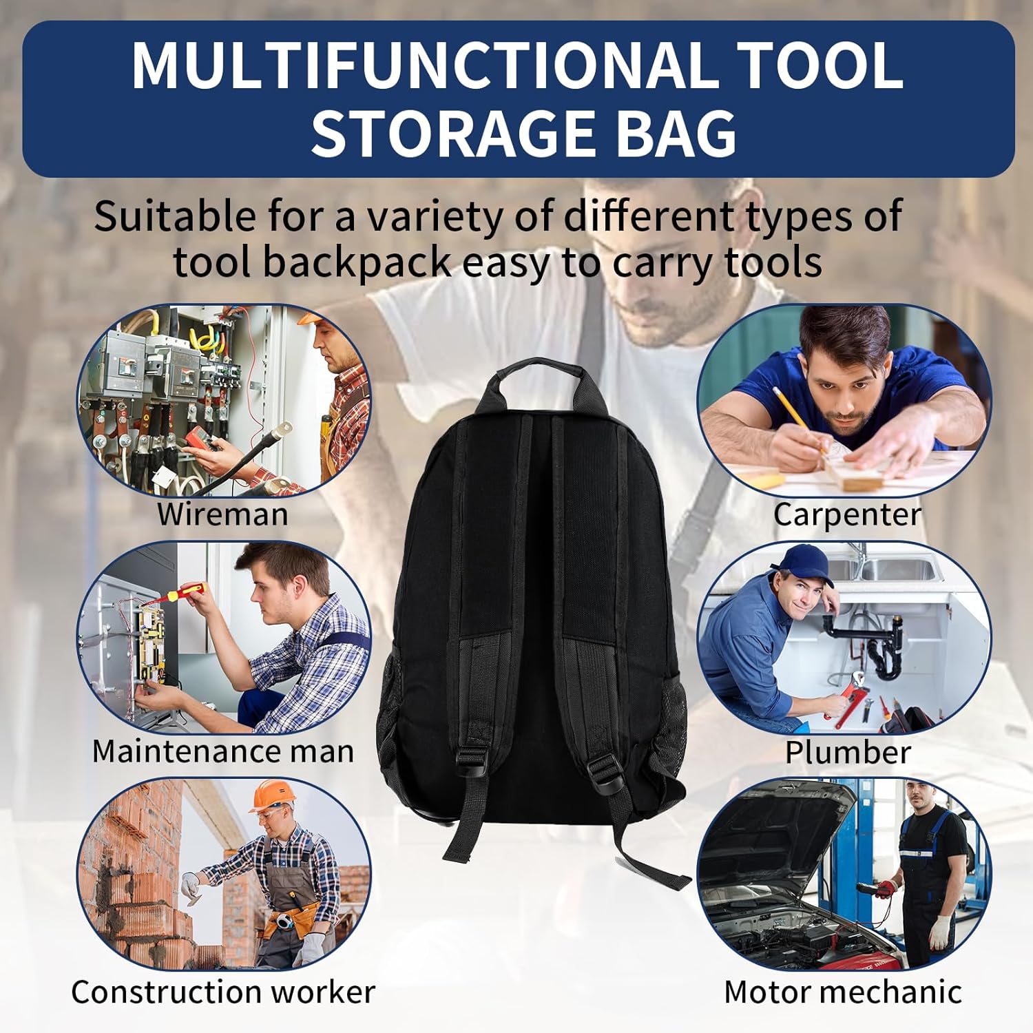 Tool Backpack Heavy Duty,1680D Implements Carrier for Electrician,Havc Tool Bag Backpack,Tool Bags for Female for Electrician,Plumber,Contractor,Durable Handle & Shoulder Strap,12 Pockets