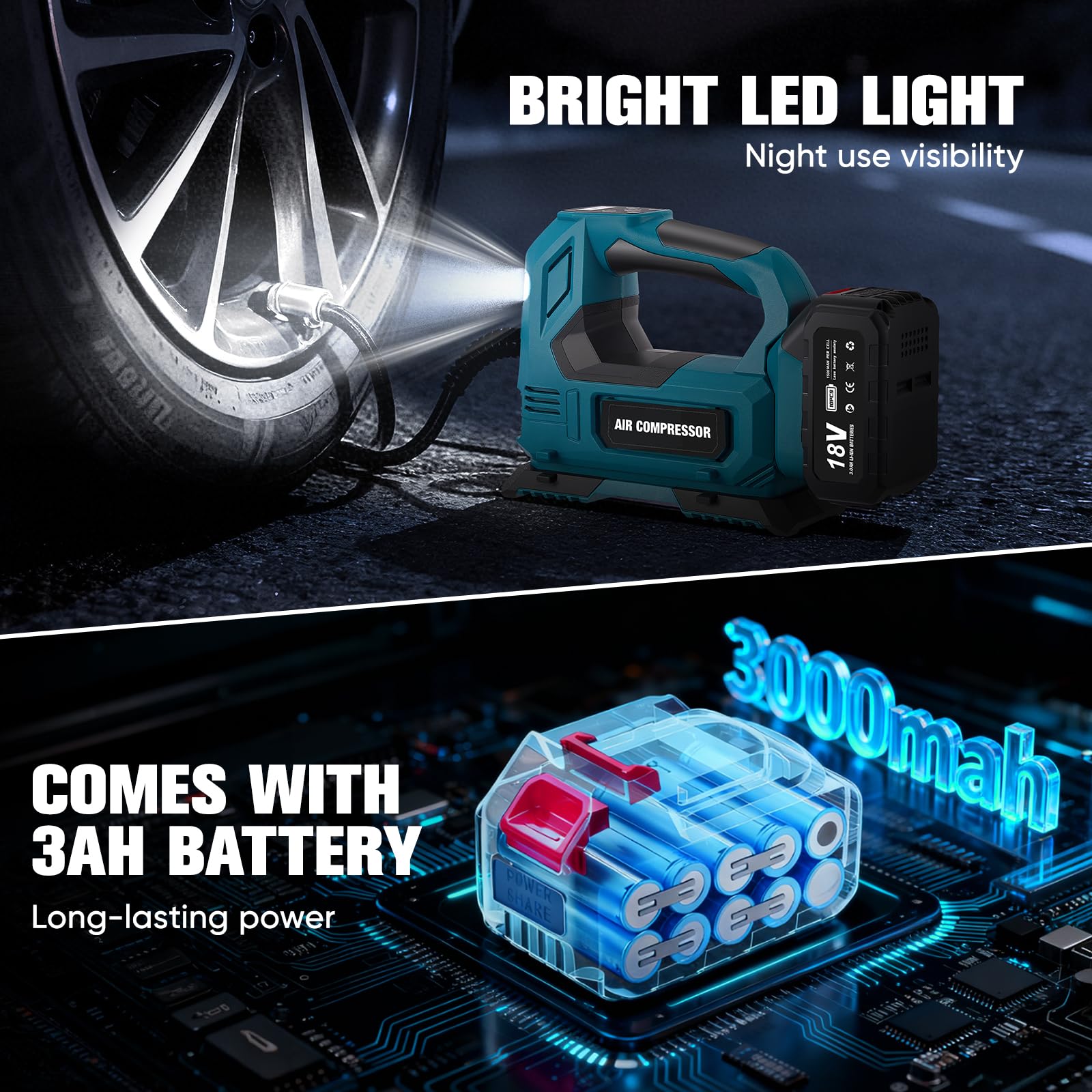 Compresor de aire digital de 150 PSI con luz LED de trabajo y función de parada automática, bomba de aire eléctrica para coche, moto, bicicleta y pelotas deportivas, incluye batería de 3,0 Ah y