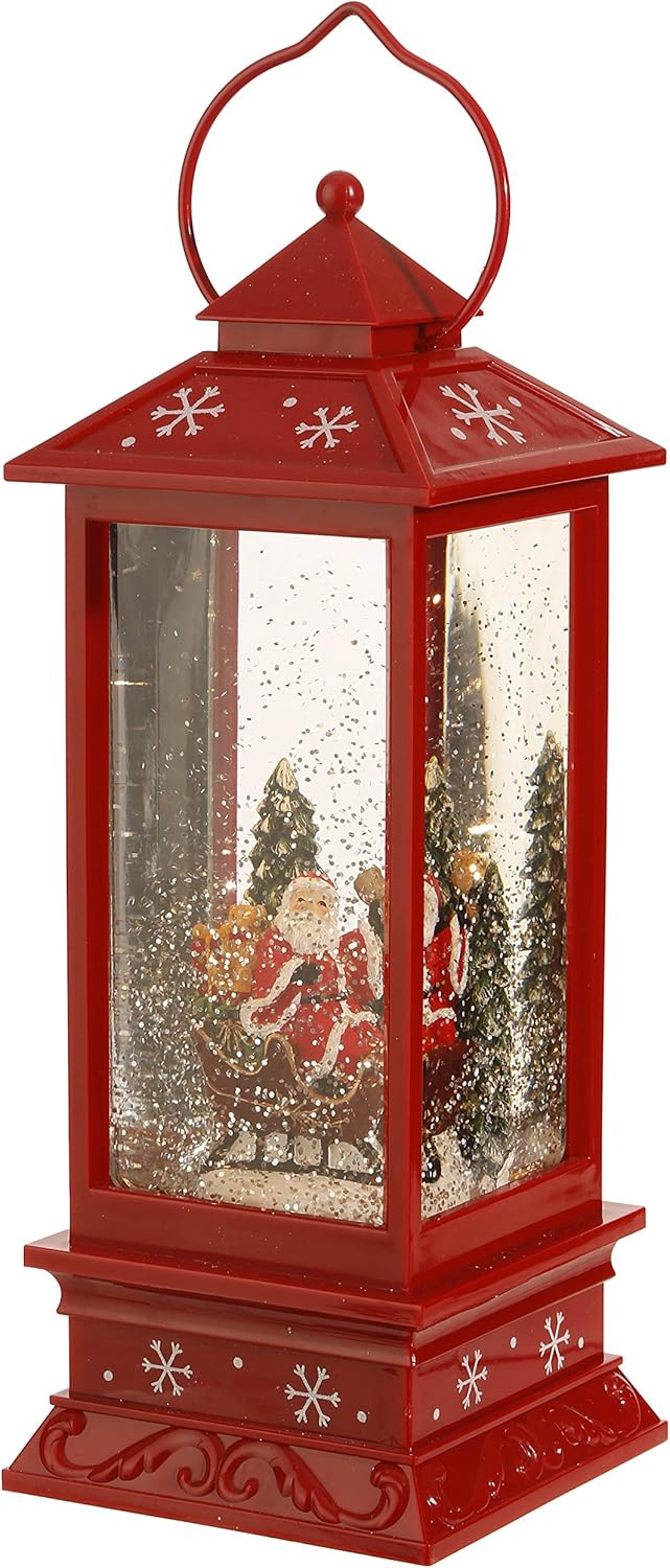 Lighted Snow Globe Lantern: 11 Inch, Red Holiday Water Lantern by RAZ Imports (Santa Claus and Sleigh)