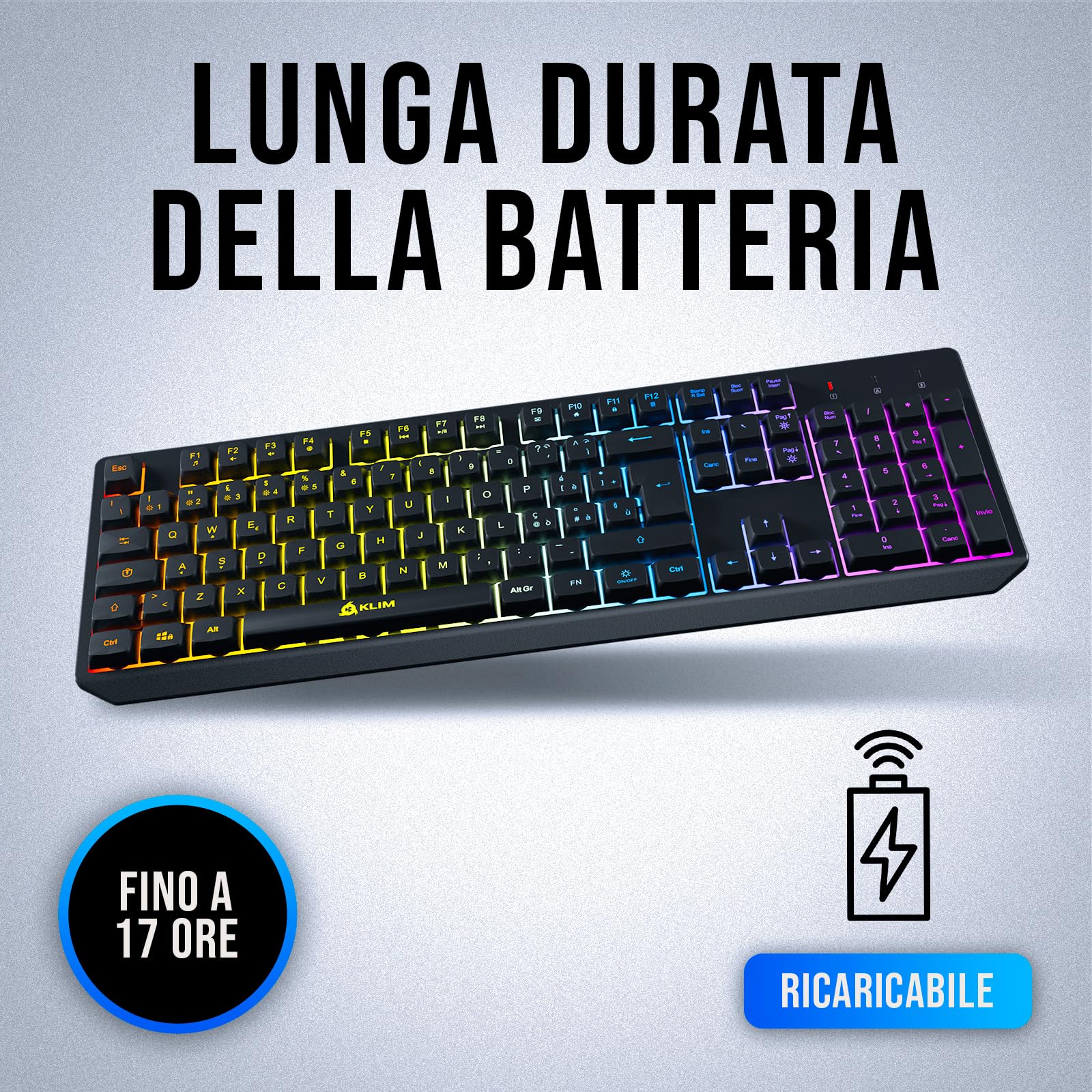 KLIM™ Chroma - Tastiera wireless per gamer QWERTZ Deutschland, sottile, durevole, ergonomica, discreta, impermeabile, silenziosa + tastiera Gamer retroilluminata per PC Mac + tastiera PS4 + nuova