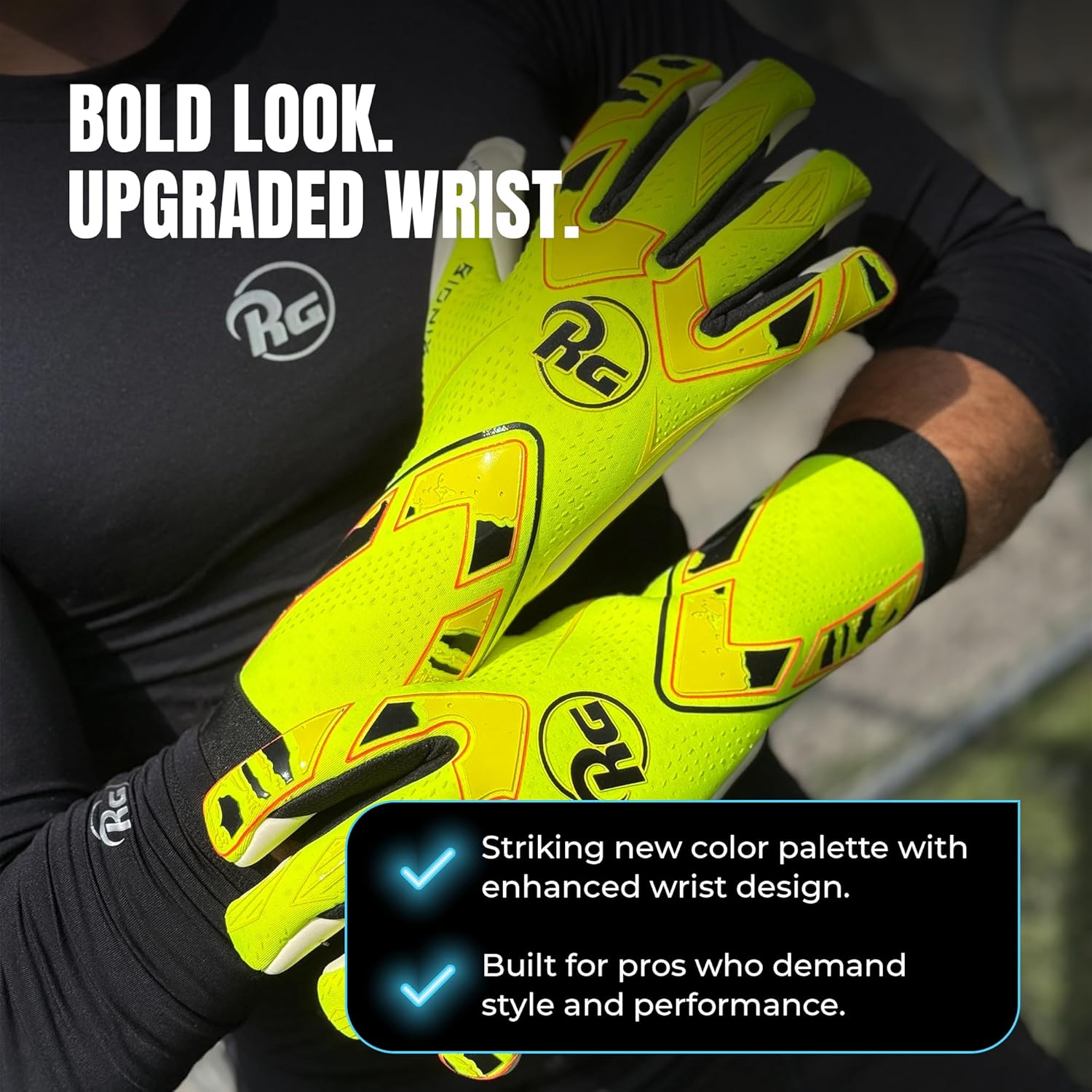 RG BIONIX Soccer Goalkeeper Gloves – Hybrid Roll Negative Cut | German AlphaGrip Latex Palm | Seamless Evo Zone Backhand | Wrist Fit System | Removable Strap | All-Weather Goalie Gloves
