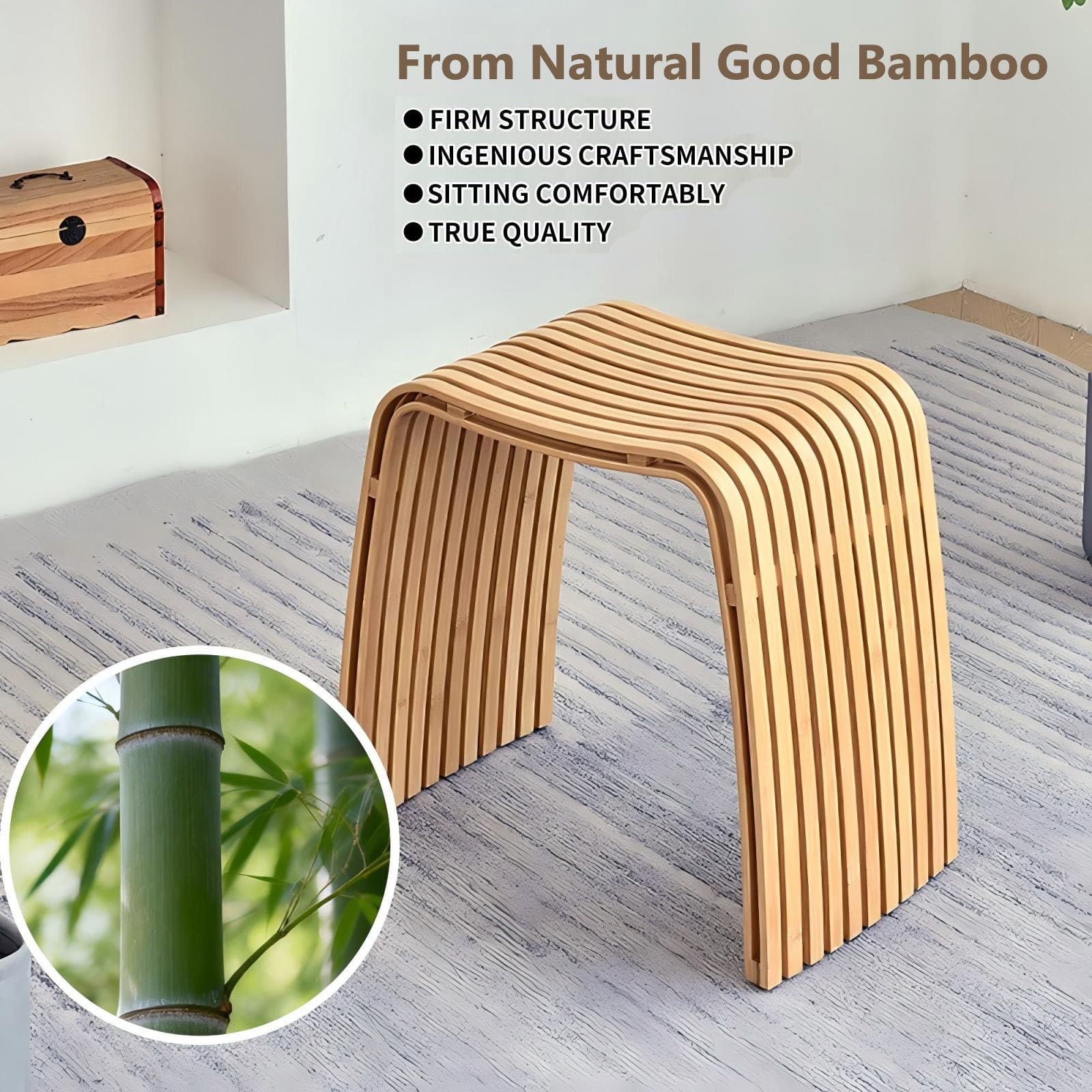 Sólido Taburete de Entrada de Madera, Bambú Natural Curvado de 2 Niveles, Elegante Reposapiés en Diseño Escandinavo, Asiento Ligero y Resistente, Taburete de Tocador para Baño, Dormitorio Salón