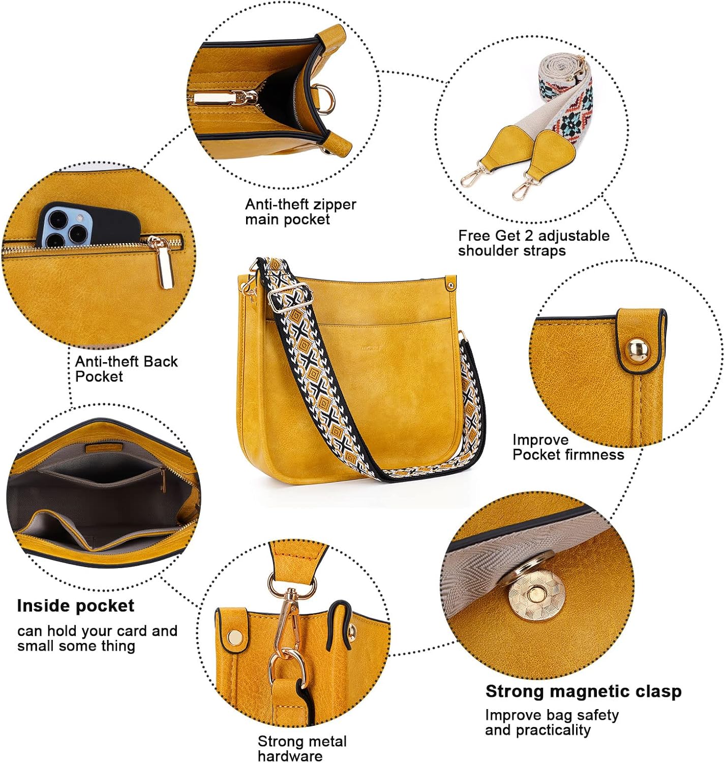 HKCLUF Crossbody Bags for Women Trendy Vegan Leather Hobo Handbags With 2PCS Adjustable Guitar Strap Shoulder Bucket Bags - Image 7