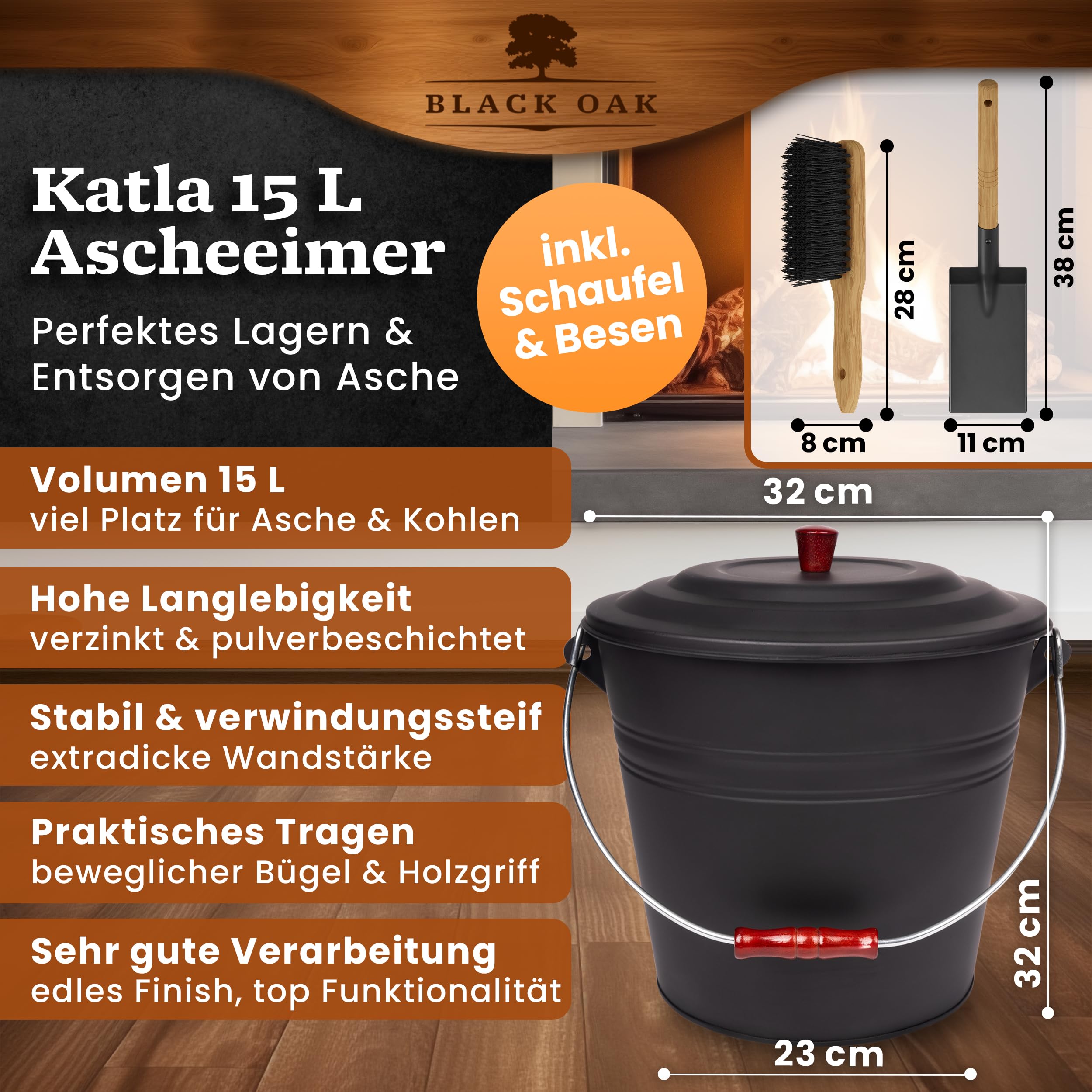 BLACK OAK Asche-Kübel Katla 15 L schwarz - Aschebehälter