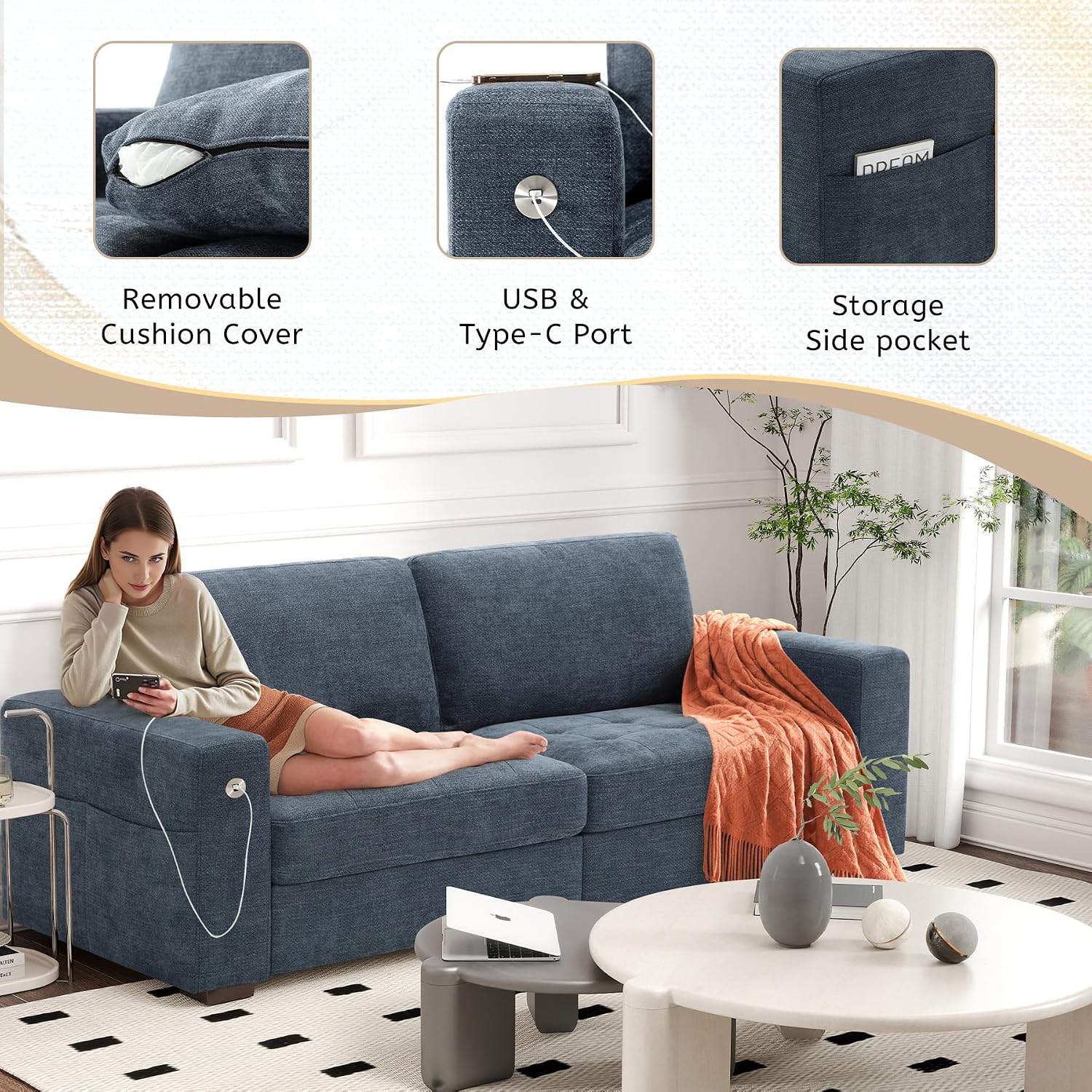 Urhanherry Modern Sofa 3-Seats Couches for Living Room, Chenille Loveseat with USB/Type-C Port, Side Pocket, Recliner Small Sofa, Comfy Couch Easy to Install (89 inch, Blue)