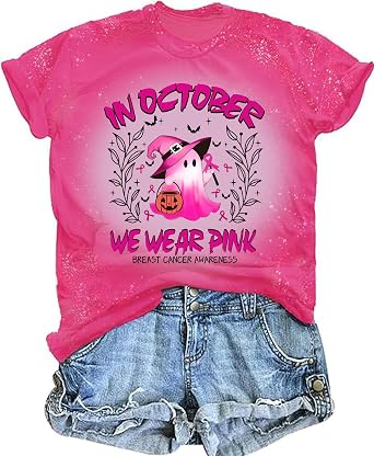 Tewmeu Breast Cancer Shirts for Women in October We Wear Pink Shirt | Breast Cancer Awareness Shirt Pink Ribbon Halloween Ghost Costumes In October We Wear Pink Work Friendly Halloween Costumes