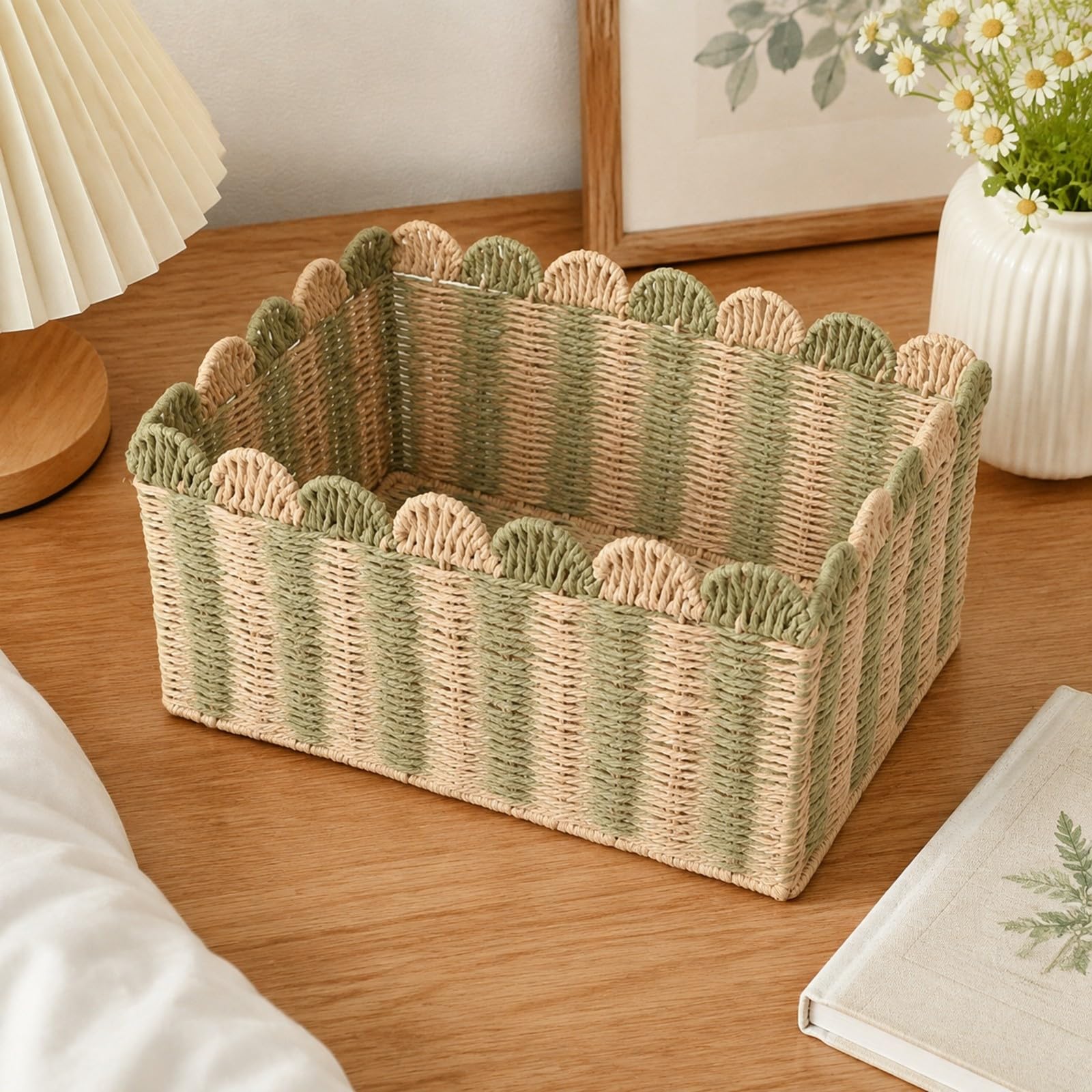 Cesta Cuerda Papel Tejidas a Mano | corativa, Organizador Rectangular Cuerda, Abierta, para Escritorio, Dormitorio, M
