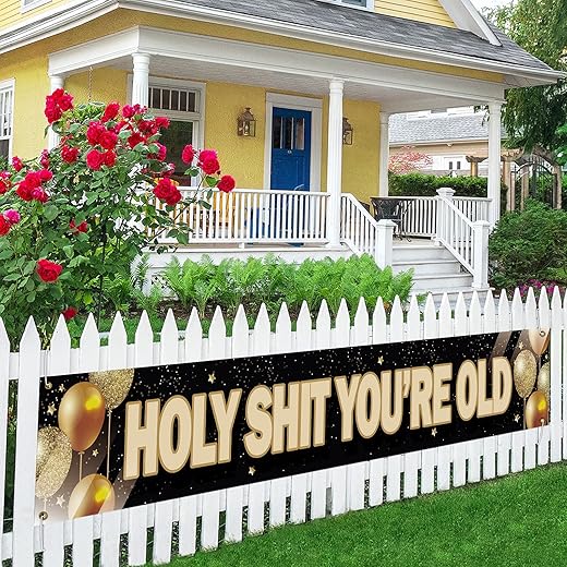 Holy Shit You’re Old Large Banner, Funny Birthday Banner, Happy Birthday Lawn Sign Porch Sign for 30th 40th 50h 60th 70th 80th 90th Birthday Party, Indoor Outdoor Backdrop 8.9 x 1.6 Feet