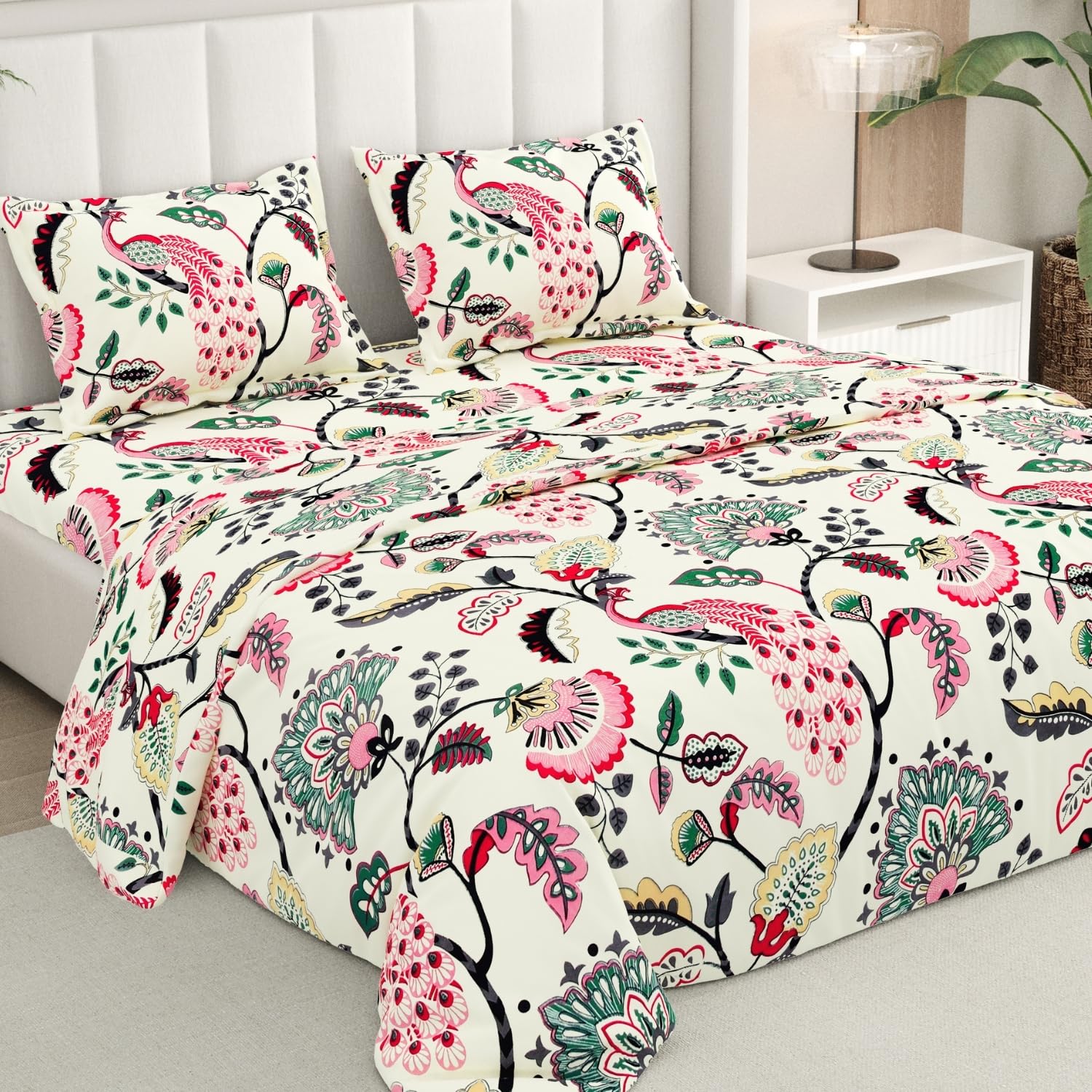 Flat Double Bedsheet with 2 Pillow Covers, 200 TC Microfiber Double Bed Sheet, Floral Print, Beige, 88x96 Inch-image-4