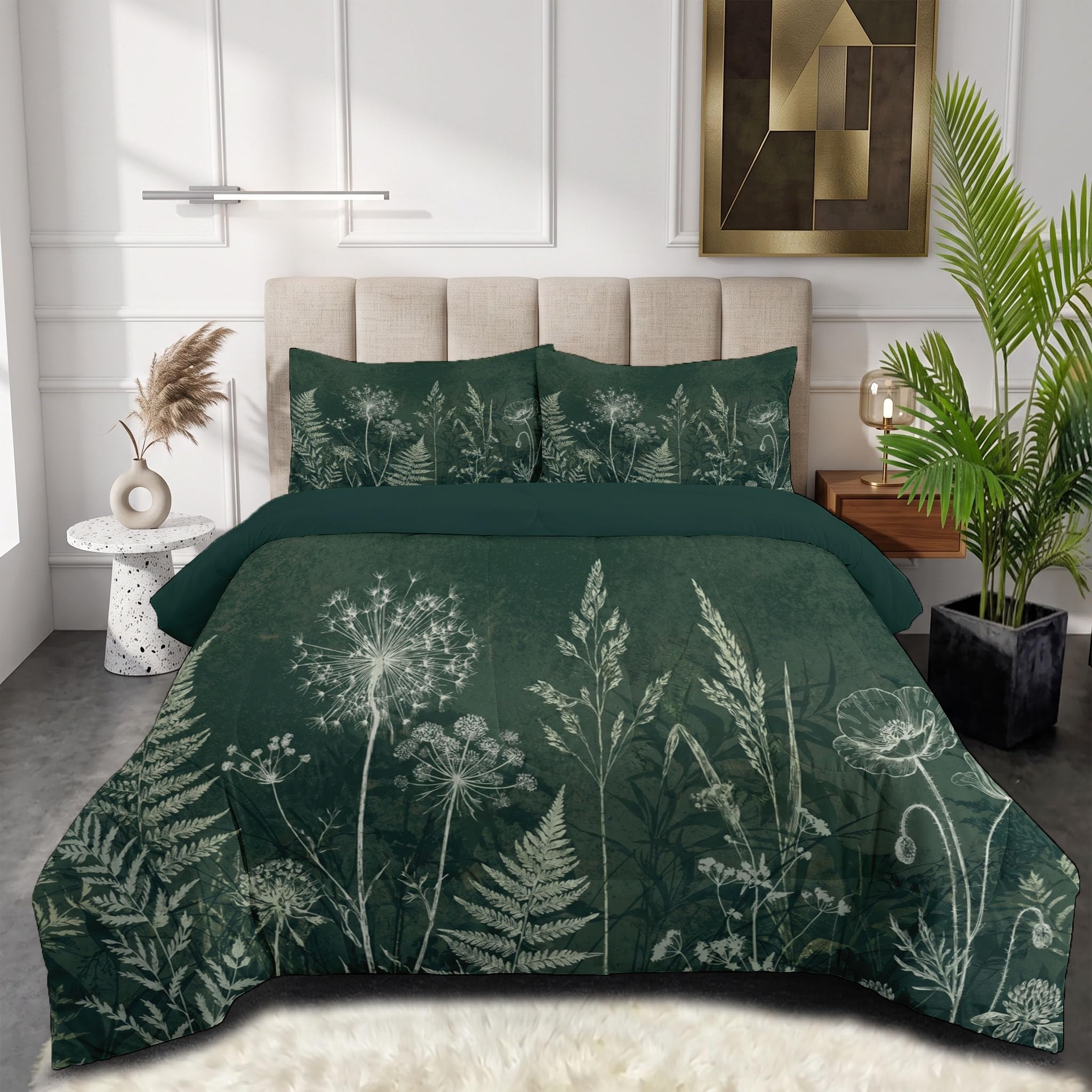 Bettdecke Ohne Bezug Löwenzahn Farne Mohnblumen 140x200cm | 4 Jahreszeiten Waschbare Bettdecken Retro Dunkle Pflanzen Warme Steppdecke - Weiche Wendebettwäsche Mit 2 Kissenbezug