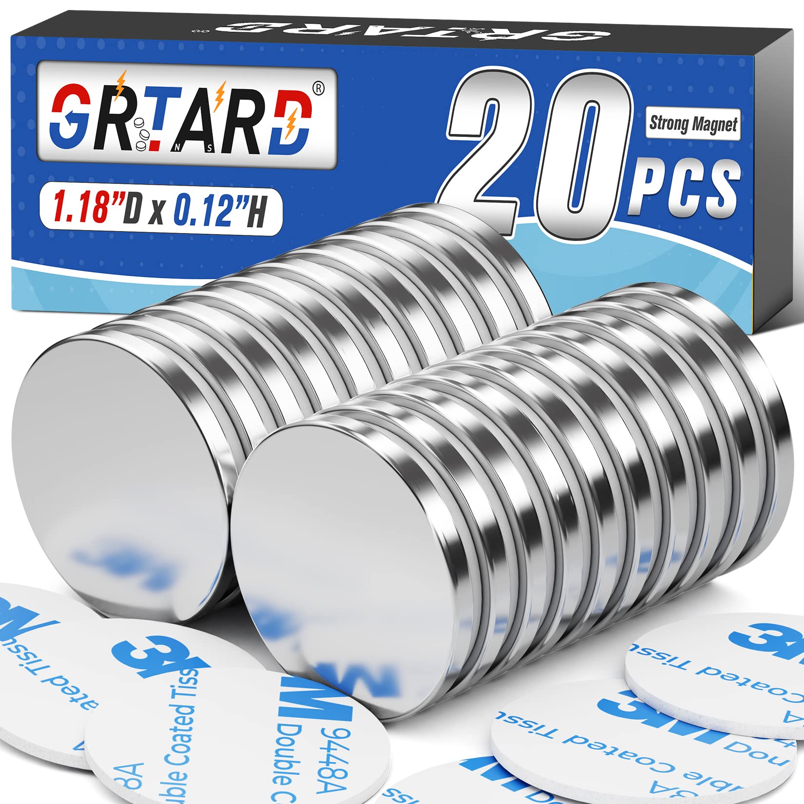 Photo 1 of Grtard 20Pack Neodymium Magnets Heavy Duty Rare Earth Magnets, Super Strong Neodymium Disc Magnets with Double-Sided Adhesive for DIY, Building, Fridge, Craft, Office - 1.18”D x 0.12”H 20 Pack