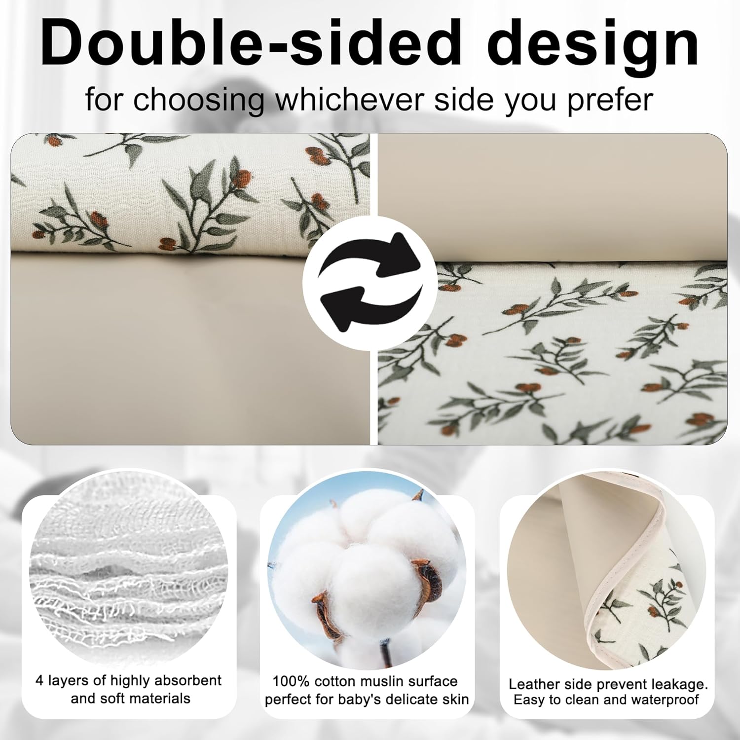 Baby Diaper Changing Pad, 19.7"x25.6" Waterproof Changing Pad Liners with 100% Muslin Cotton Front Top and Leather Back, Soft and Absorbent Portable Changing Mat for Travel, Changing Station Apricot Leaf image 3 of 7 B0DDD6YPR5