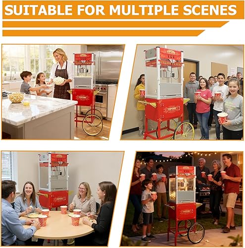 Miniatura 7 de Máquina comercial de palomitas de maíz con carrito y ruedas, máquina para hacer palomitas de maíz con hervidor de acero inoxidable de 24 onzas,