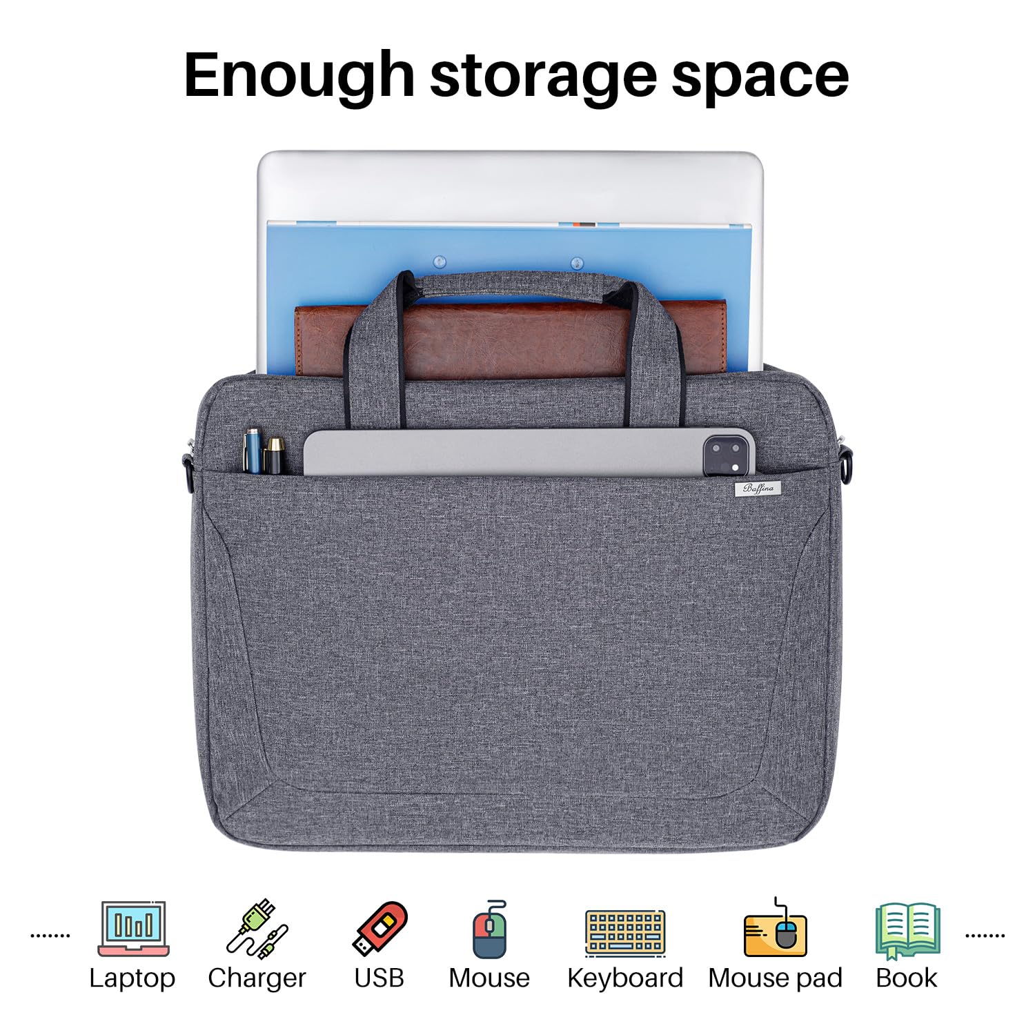 BAFFINA 15.6 16 Inch Laptop Shoulder Bag for Men Women,Waterproof Computer Carrying Case Messenger Bag with Strap,Laptop Briefcase for 14-15-16 Inch MacBook/Chromebook/Notebook Hp Dell Acer Asus,Grey