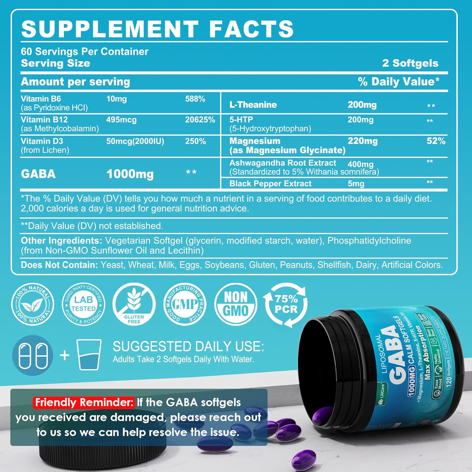 GABA Supplement - 1000 mg Liposomal Form for Optimal Absorption,GABA with L-Theanine, Magnesium Glycinate, 5HTP, Vitamin D3 for Brain Calm, Mood, Zzz Better - Melatonin-Free 120 Softgels. - Image 2