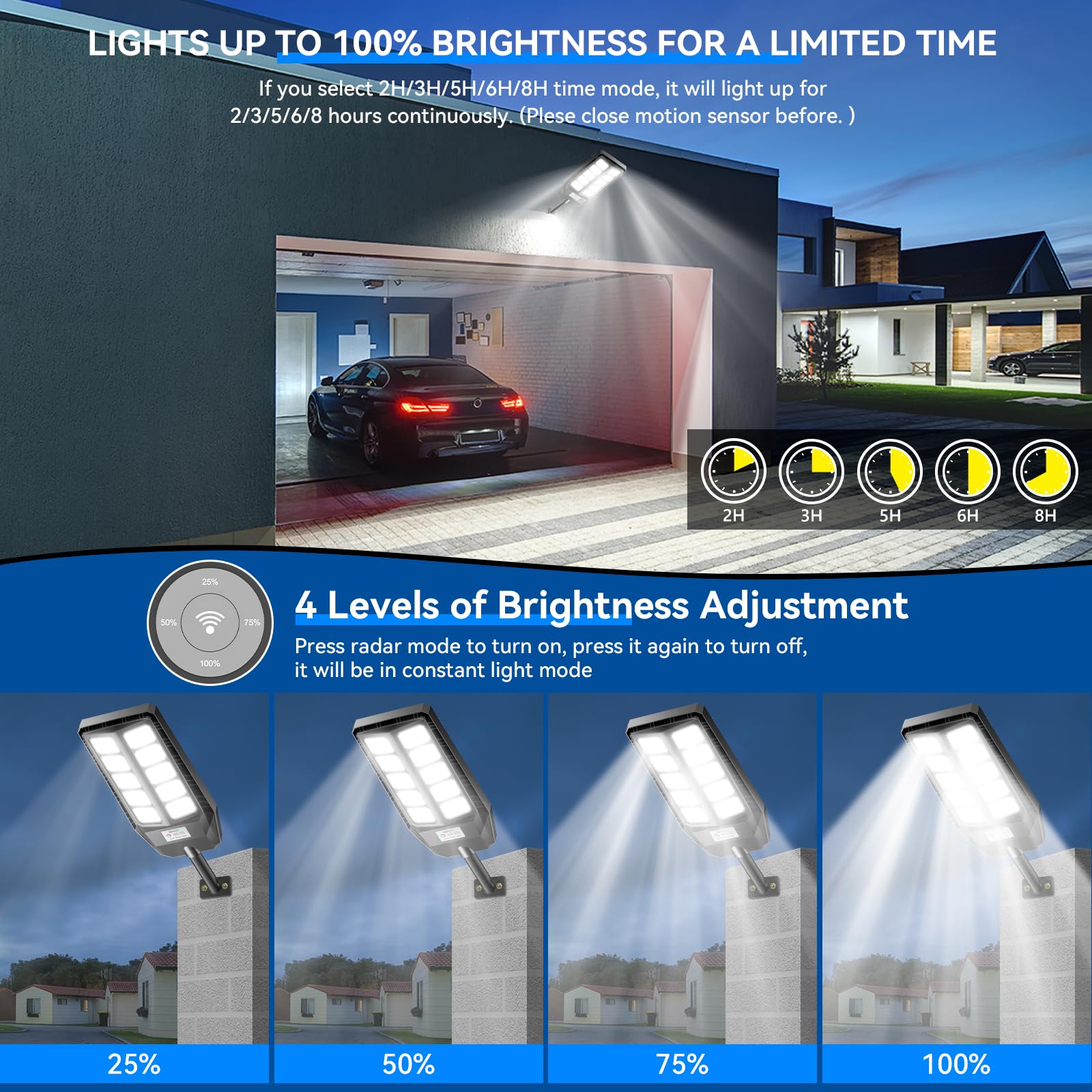 Adewalk 2000W Lampione Solare Led Esterno con Telecomando, IP66 Impermeabile Lampada Stradale Solare con Sensore di Movimento, 6500K Super Bright Lampioni da Giardino Esterno Solari per Garage Strada