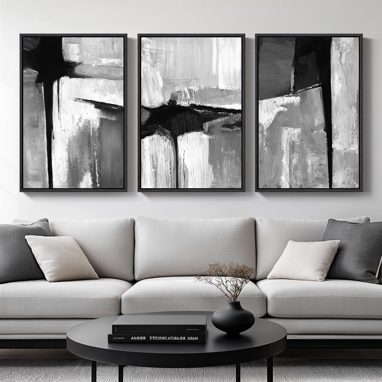 Large Framed Black and White Gray Abstract Wall Art for Living Room, 3 Piece Modern Canvas Prints Paintings Artwork for Walls, Grey Abstract Pictures for Hallway Office Wall Decor 24x36 In