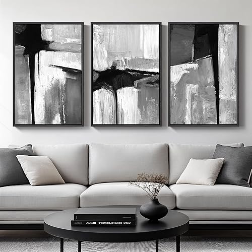 Miniatura 25 de Arte de pared abstracto enmarcado en blanco y negro grande para sala de estar, 3 piezas de impresiones en lienzo modernas grandes, pinturas, obras