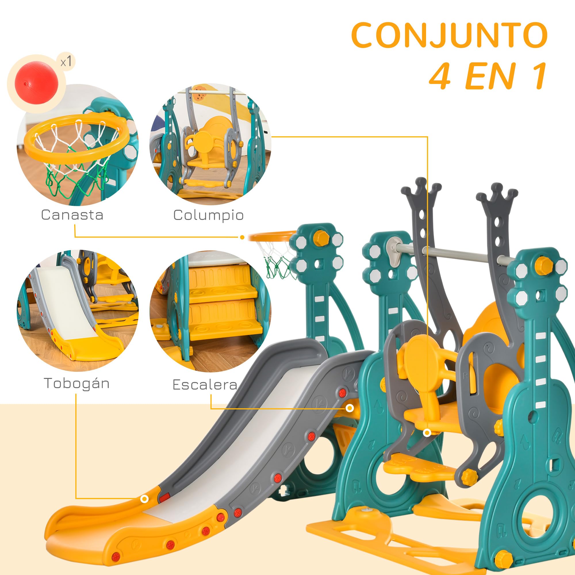 HOMCOM Tobogán Infantil con Columpio y Canasta de Baloncesto 3 en 1 para 18-36 Meses con Asiento Ajustable Parque Infantil para Interior y Exterior 152x149x107 cm Multicolor