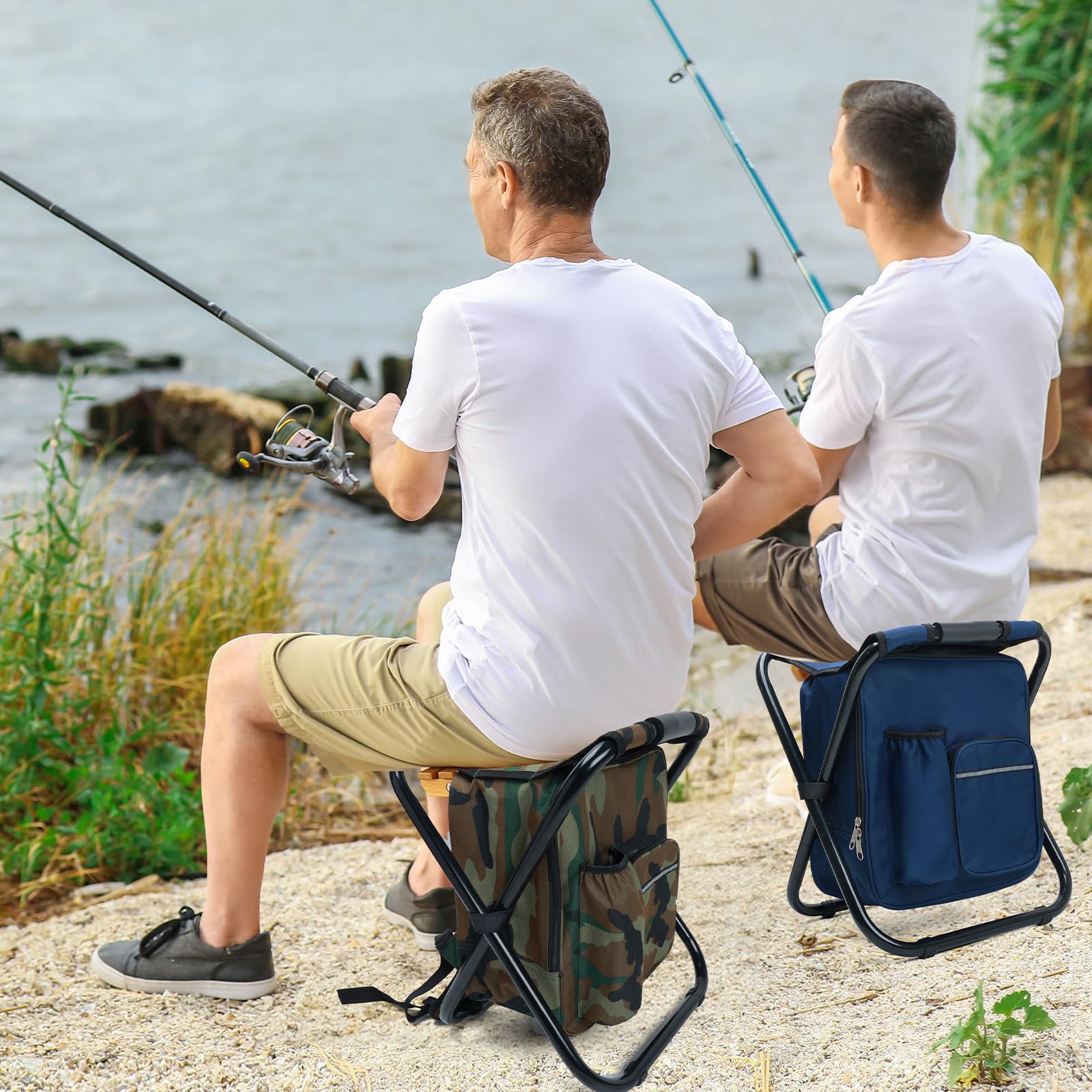 Grande sgabello da campeggio per adulti con zaino refrigerante integrato da 15 l, sgabello da caccia ultraleggero, pieghevole, portatile, sgabello da pesca con borsa da picnic, per viaggi