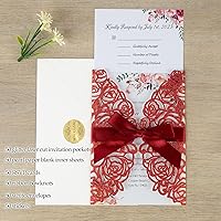Vista 4 de 50 tarjetas de invitaciones de boda burdeos con sobres de 5 x 7 pulgadas, en blanco, 250 GSM, insertos de papel de pera con purpurina, invitaciones