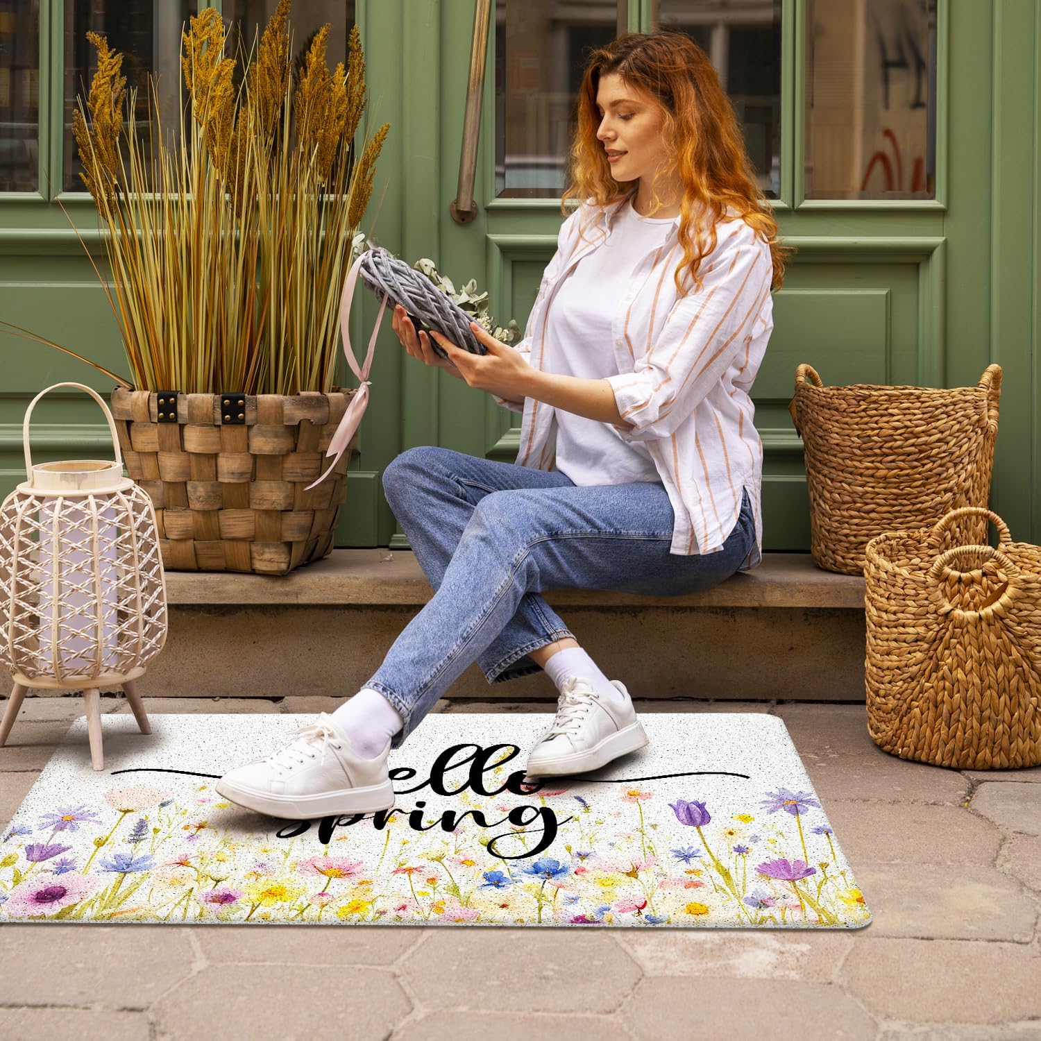 Hello Spring Door Mat, Spring Floral Doormat Indoor Outdoor Entrance Entryway, Cottagecore Wildflower Floral Welcome Mats for Front Door Outside, 17x30 Inches