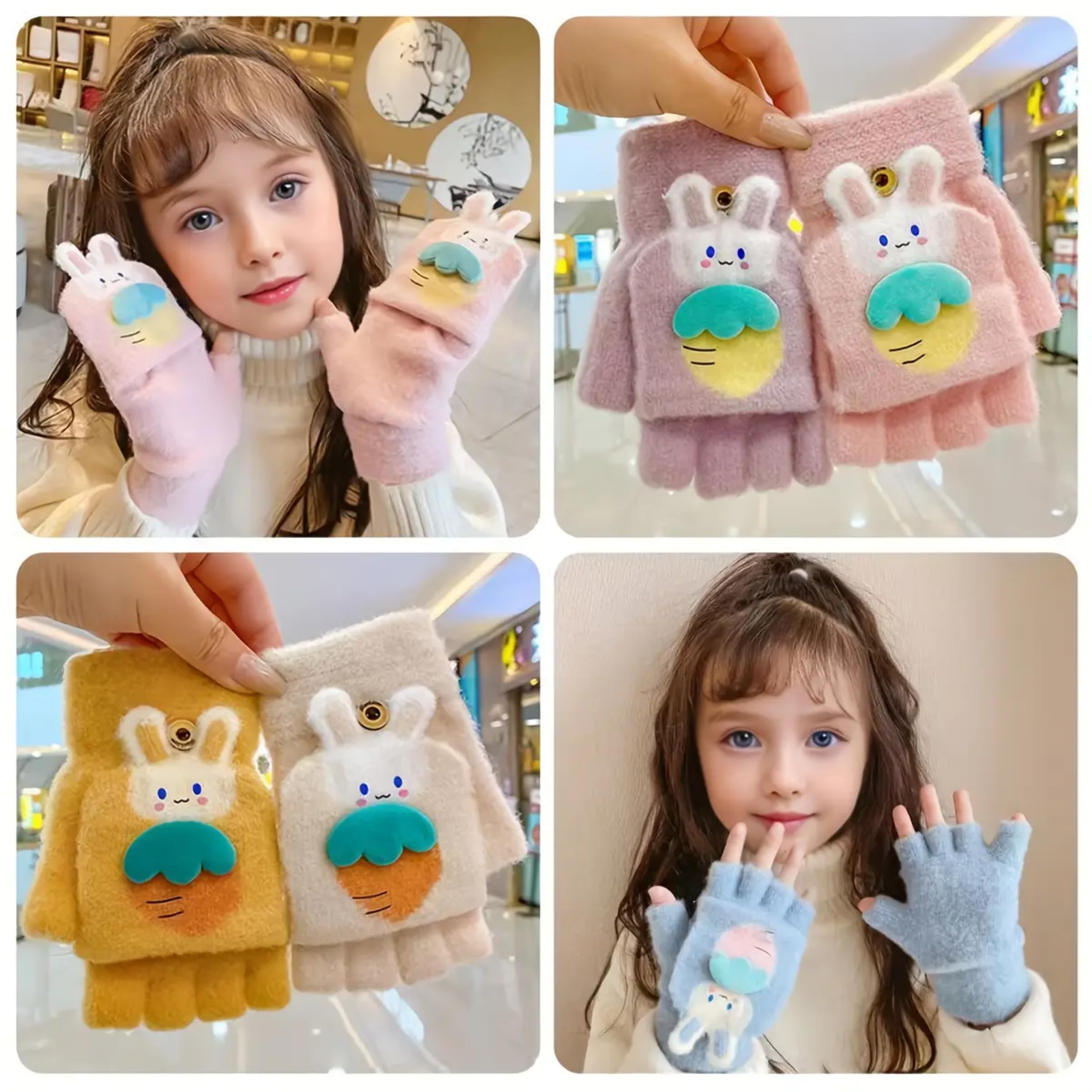 Khwaish Store Girl's Winter Soft Plush Cute Bunny Design Carrot Half Finger Gloves Mittens Soft Warm Over Flip Five-Finger for Toddlers Kids (2, Multicolor, 3-4 Years) - Image 4 thumbnail