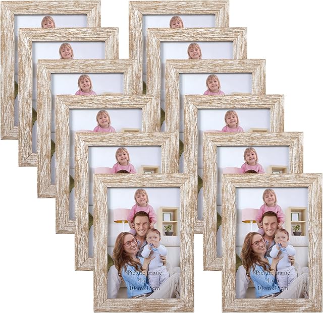 Giftgarden 6x4 Photo Frames Distressed Beige White Set of 12, Multi Rustic Wood Grain 4 by 6 Photo Frames Bulk for Wall or Tabletop Display