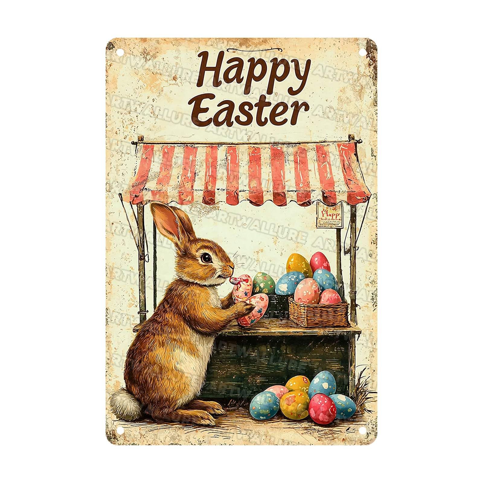Metal Tin Sign Happy Easter Bunny Signs Vintage Wall Art Decor For Backyard Home Living Room Easter Garden Vintage Wall 8x12Inch