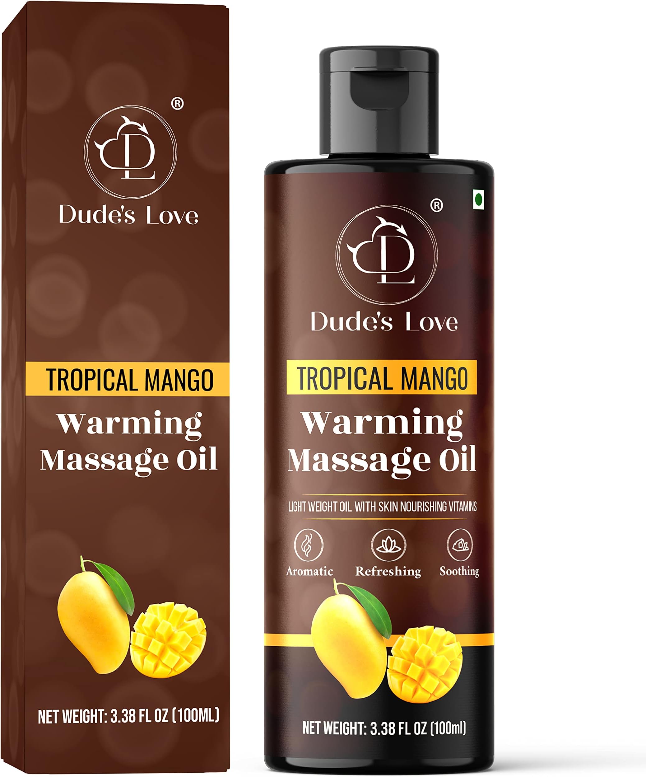 Organic - Flavored Warming Body Massage Oil - Tropical Mango | No Stain - Non-Sticky | Nourish & Moisturize Skin | Aromatherapy Vegan Oil - 3.38 Fl Oz
