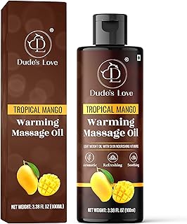 Dude's Love - Organic - Essential Warming Body Massage Oil - Tropical Mango | No Stain - Non-Sticky | Nourish & Moisturize Skin | Aromatherapy Vegan Oil - 3.38 Fl Oz