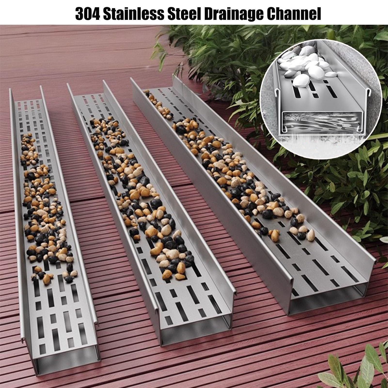 Canaleta de Desagüe Canal De Drenaje En Forma De U De Acero Inoxidable, Canaleta De Desagüe Para Terrazas Y Patios Exteriores, Canaleta De Drenaje De Perfil Bajo Para Paisajismo De Jardín(100x6.5x6.5c