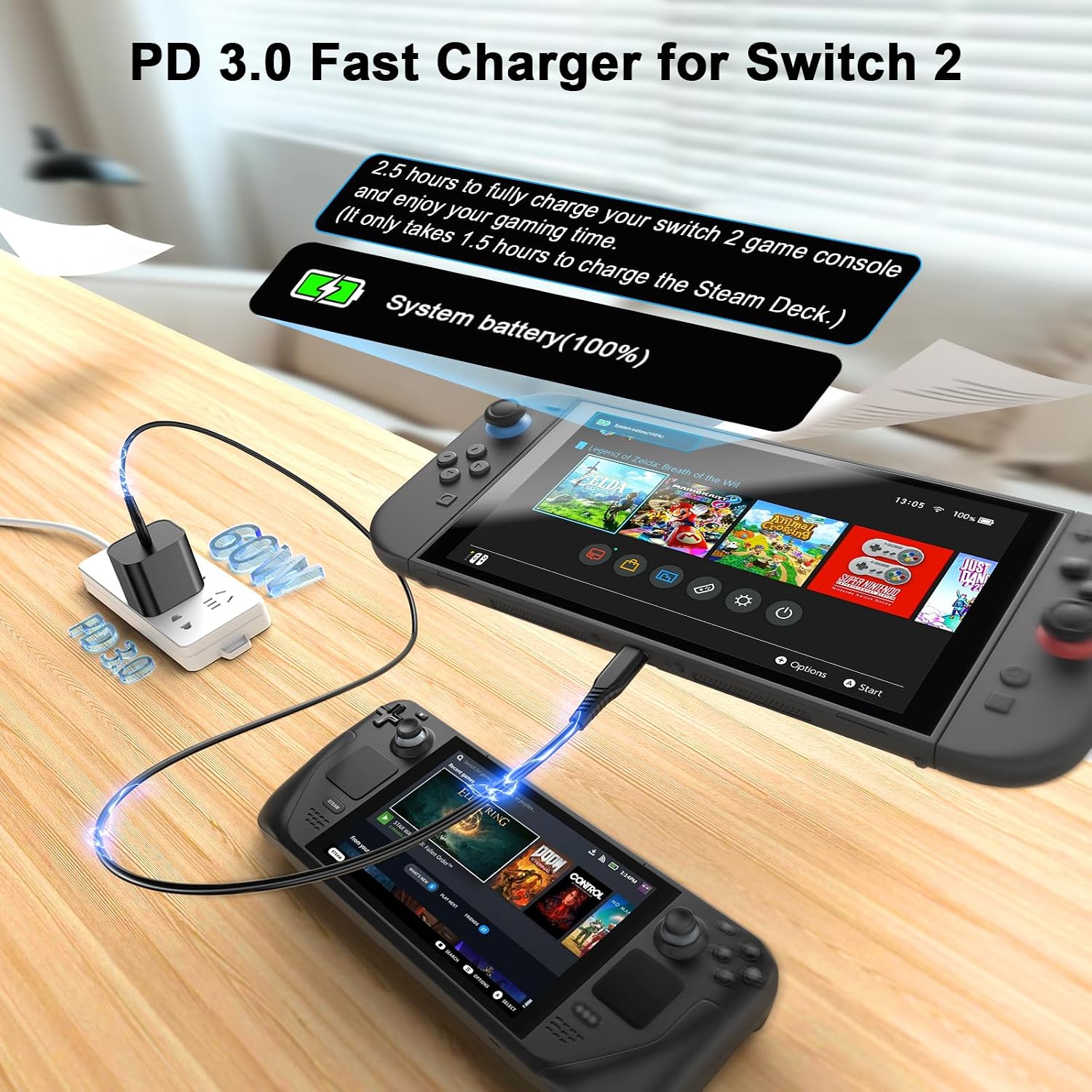 Switch 2 Charger 60W PD 3.0 Fast Charging for Nintendo Switch 2, Steam Deck, Asus Rog Ally with 5FT USB C to C Cable Power Supply Ac Adapter for Lenovo, Dell, Samsung Laptops, Smart Phone, Tablet
