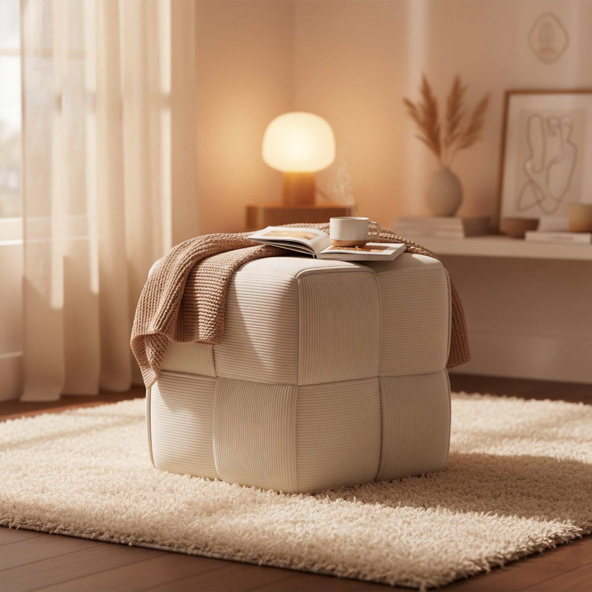 CLP Puff Forinta de Pana, Cuadrado Acolchado, diseńo Moderno Beige, cómodo y Estable para salón y Dormitorio, Color:Crema